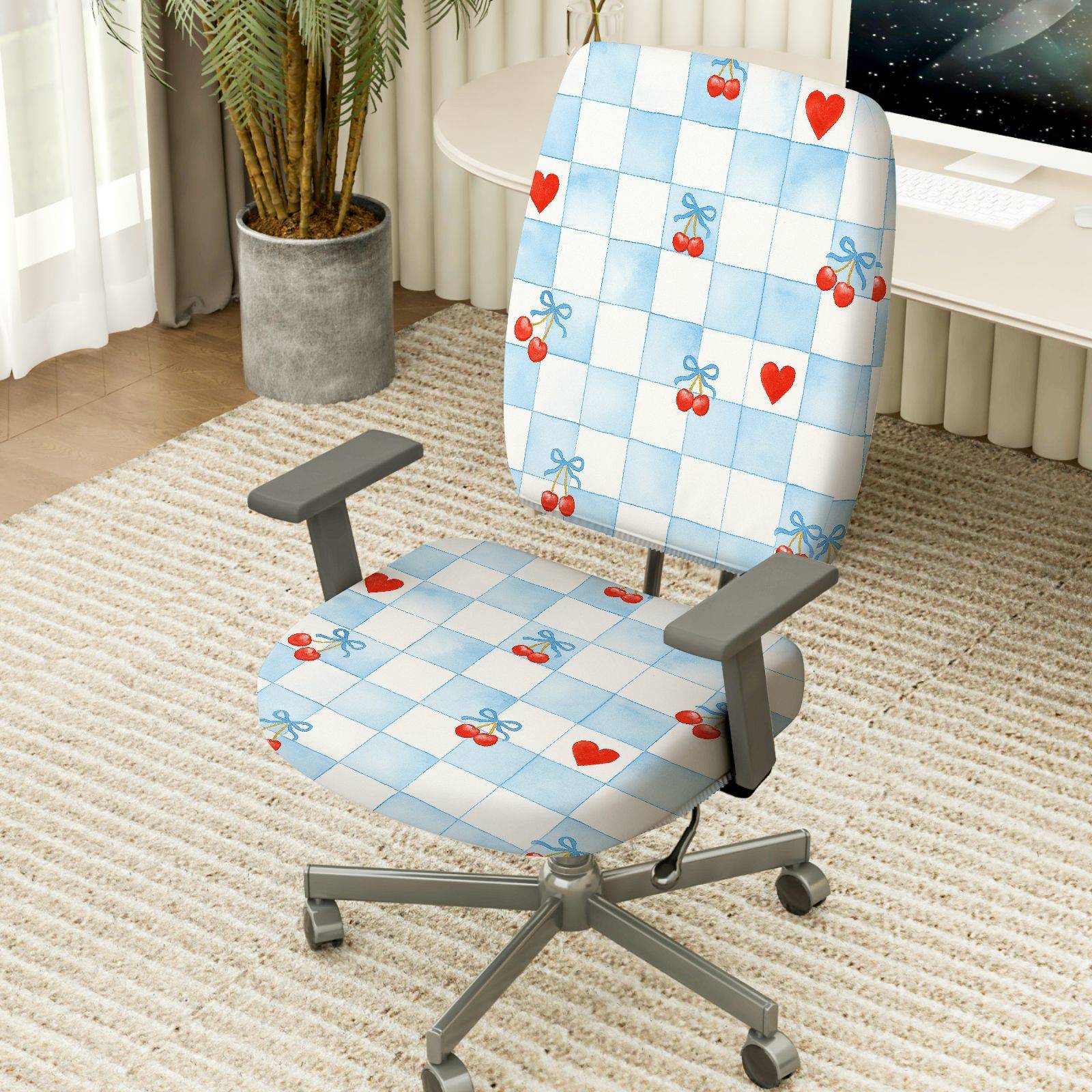 2-Piece Red Heart Cherry Bowknot Plaid  Computer Chair Cover Set, Seat and Backrest
