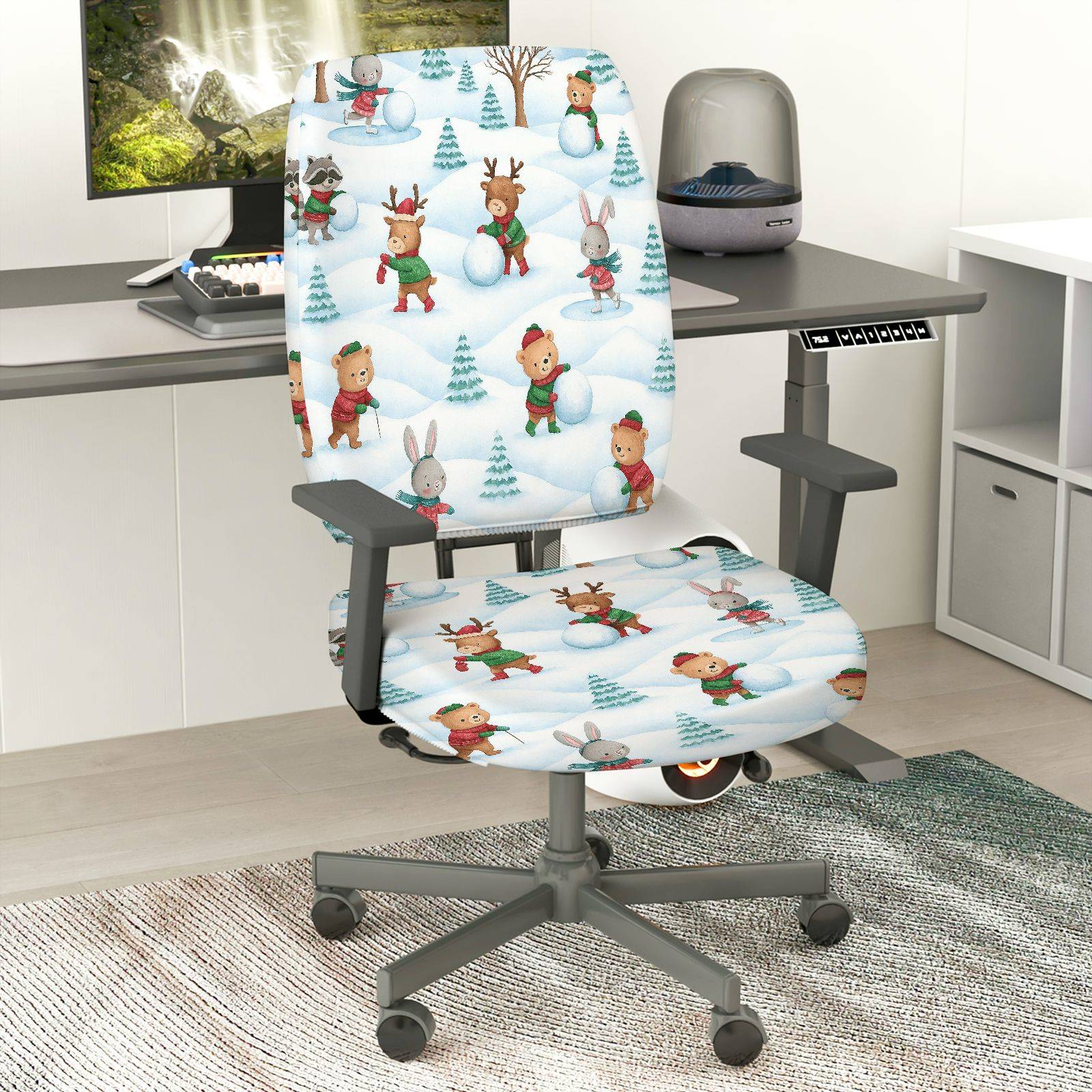 2-Piece Christmas Snowman Elk Rabbit Forest  Computer Chair Cover Set, Seat and Backrest