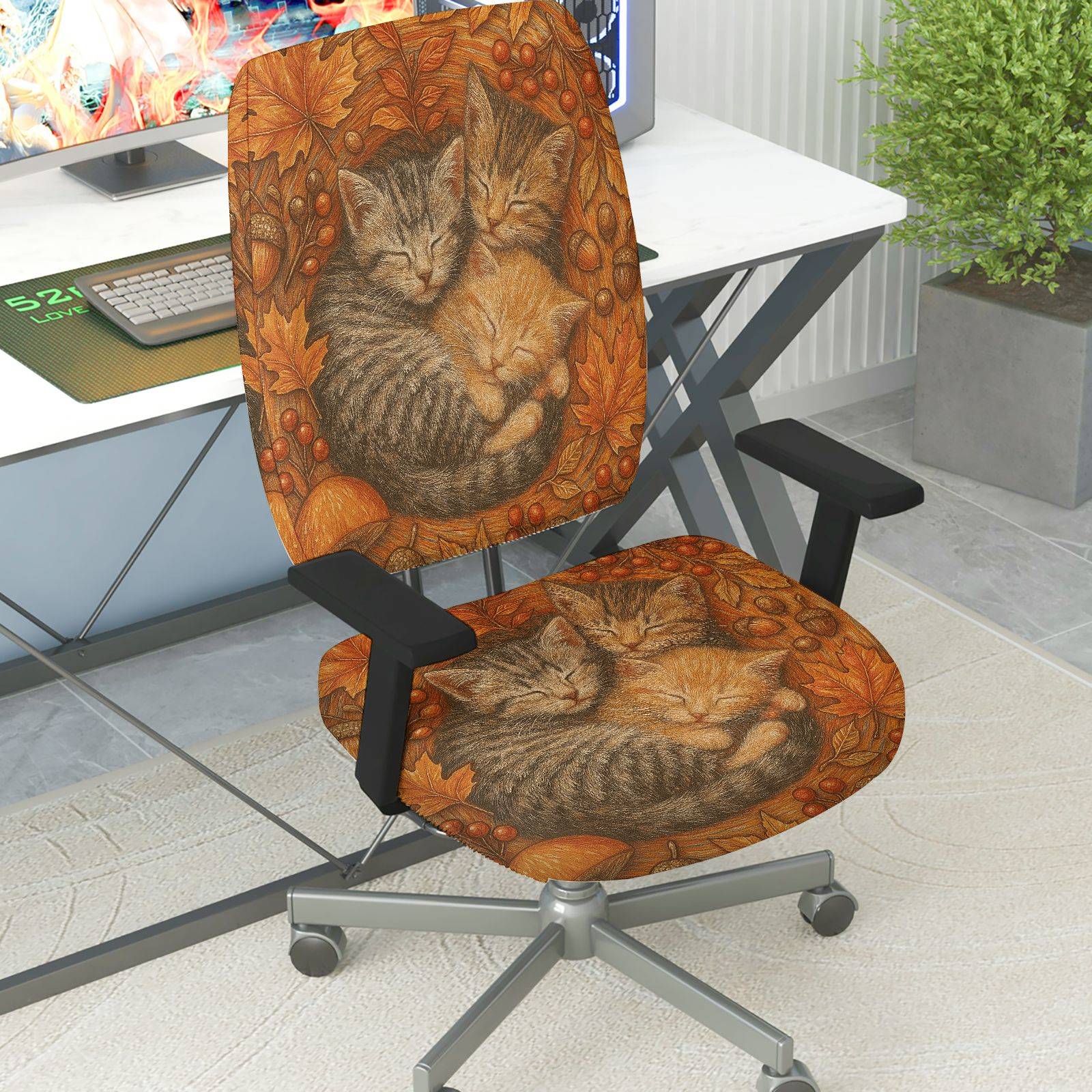 2-Piece Autumn Cats Leaves Pumpkins Acorns  Computer Chair Cover Set, Seat and Backrest