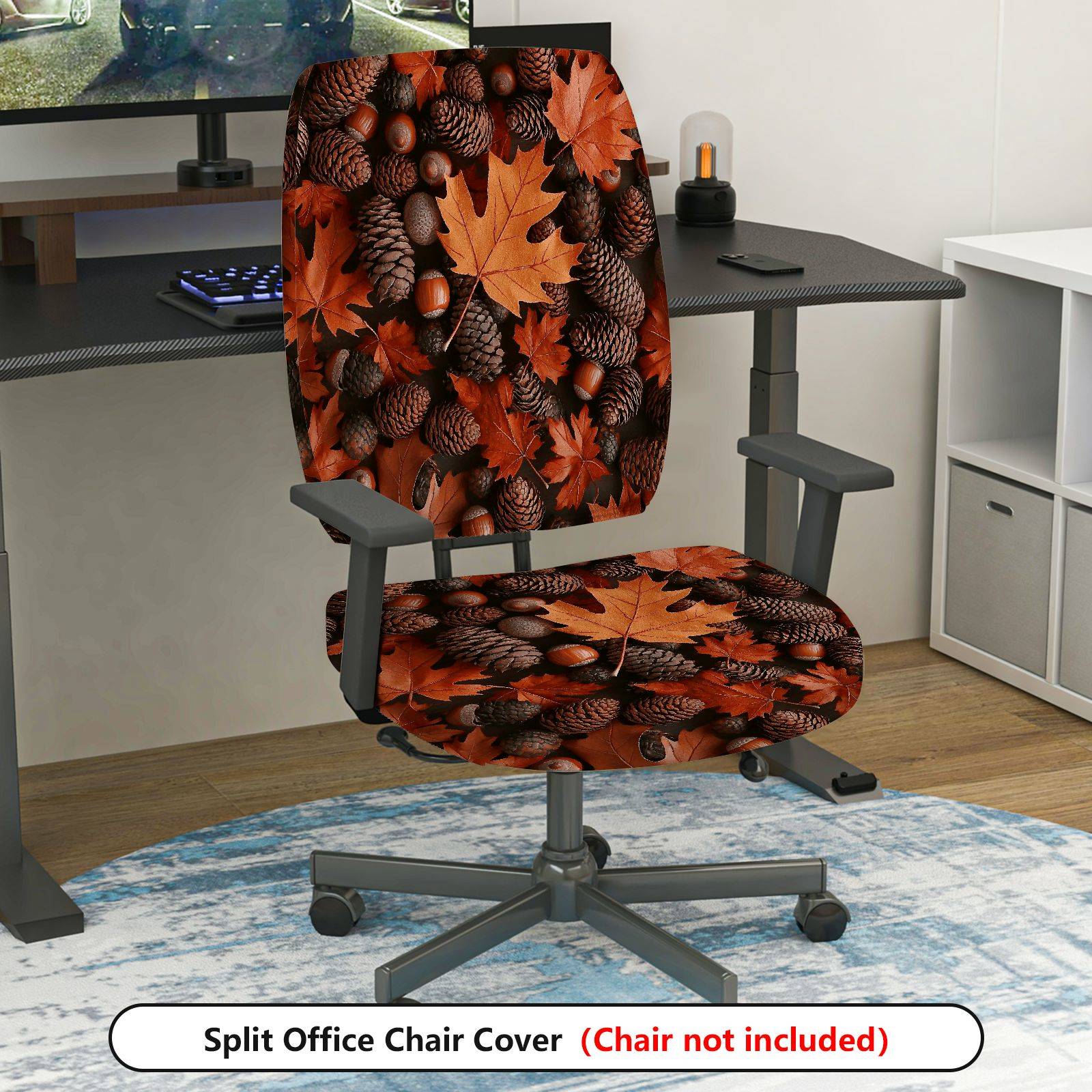 2-Piece Autumn Leaves Pinecones Acorns Fall Decorative  Computer Chair Cover Set, Seat and Backrest