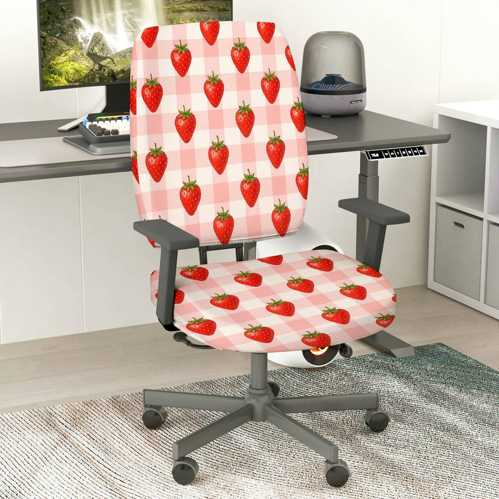 2-Piece Strawberry Checkered Pattern Red Fresh  Computer Chair Cover Set, Seat and Backrest