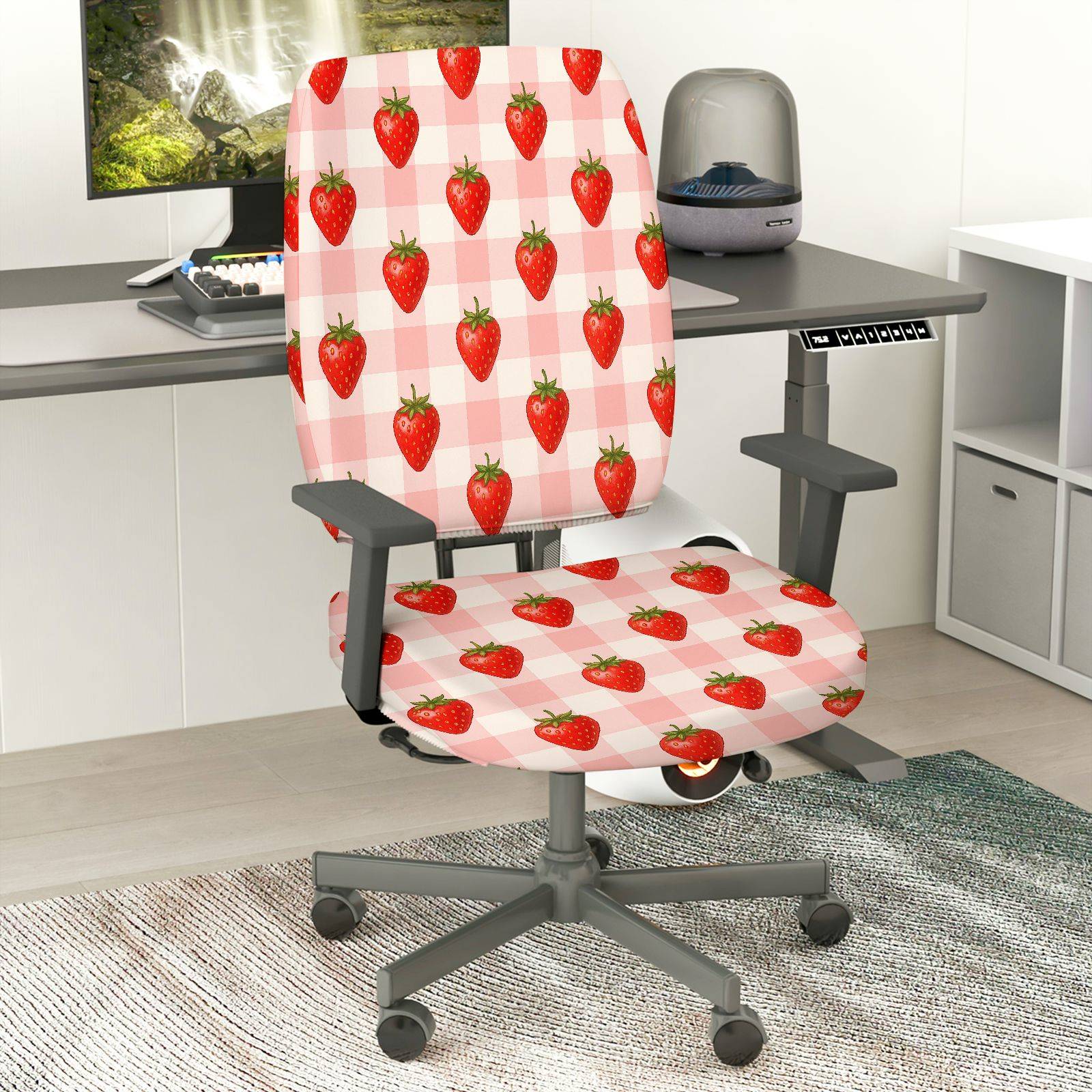 2-Piece Strawberry Checkered Pattern Red Fresh  Computer Chair Cover Set, Seat and Backrest