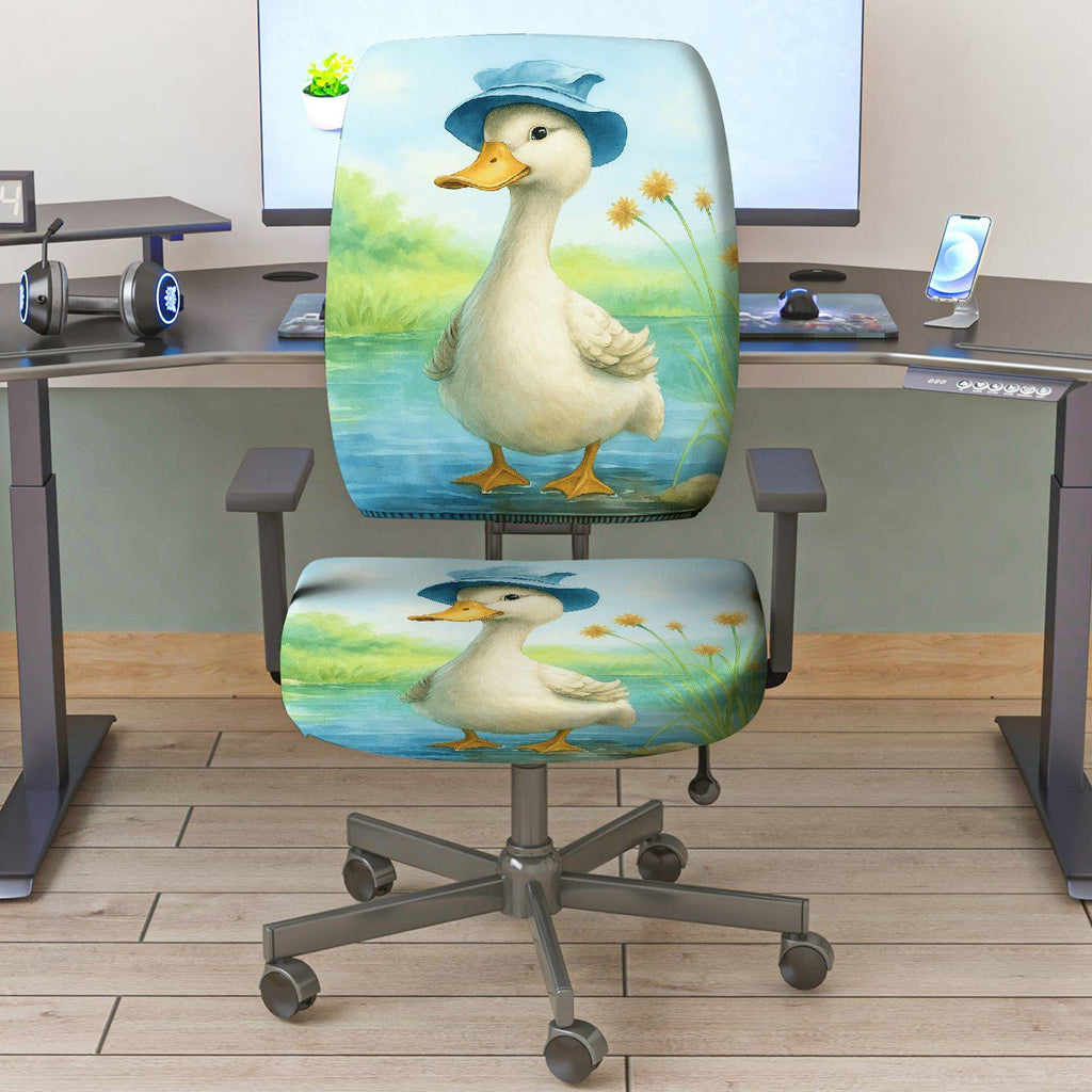 2-Piece Cute Animal Duck Blue Hat Nature Scenery  Computer Chair Cover Set, Seat and Backrest