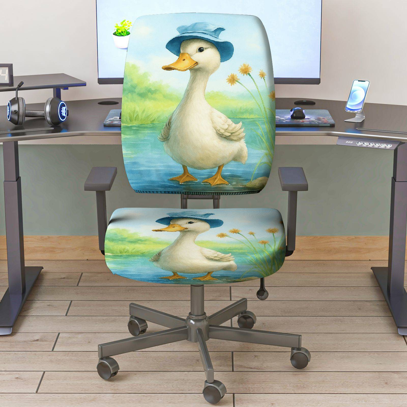 2-Piece Cute Animal Duck Blue Hat Nature Scenery  Computer Chair Cover Set, Seat and Backrest