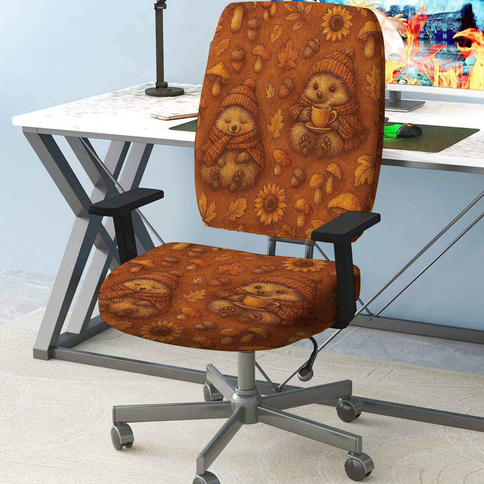 2-Piece Autumn Hedgehog Sunflower Leaf Mushroom  Computer Chair Cover Set, Seat and Backrest