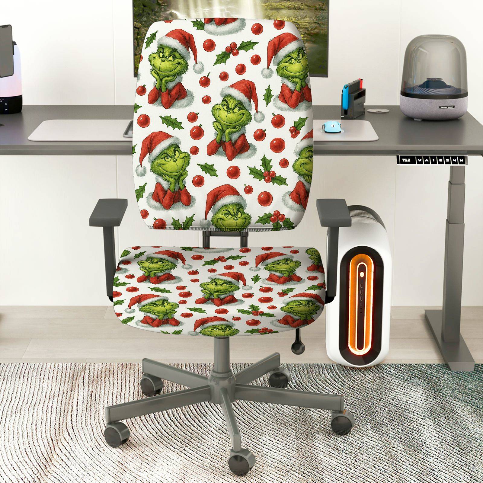 2-Piece Christmas Santa Grinch Holly Berry  Computer Chair Cover Set, Seat and Backrest