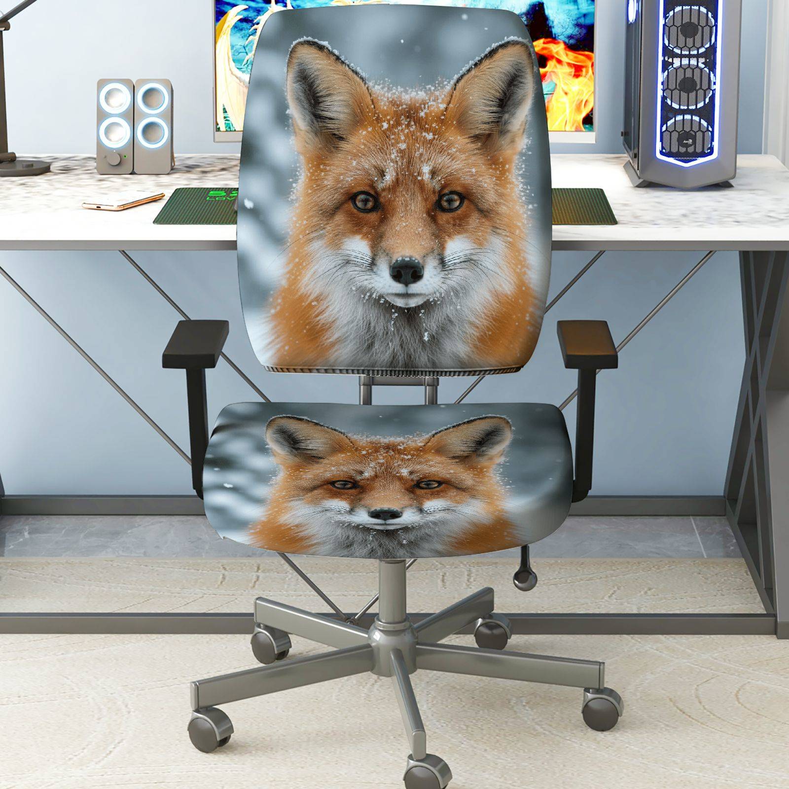2-Piece Animal Nature Fox Snow Winter  Computer Chair Cover Set, Seat and Backrest