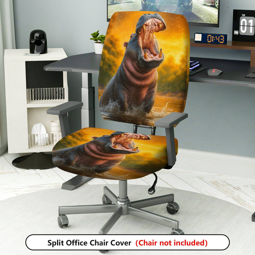 2-Piece Animal Nature Art Hippo Wildlife Vibrant  Computer Chair Cover Set, Seat and Backrest