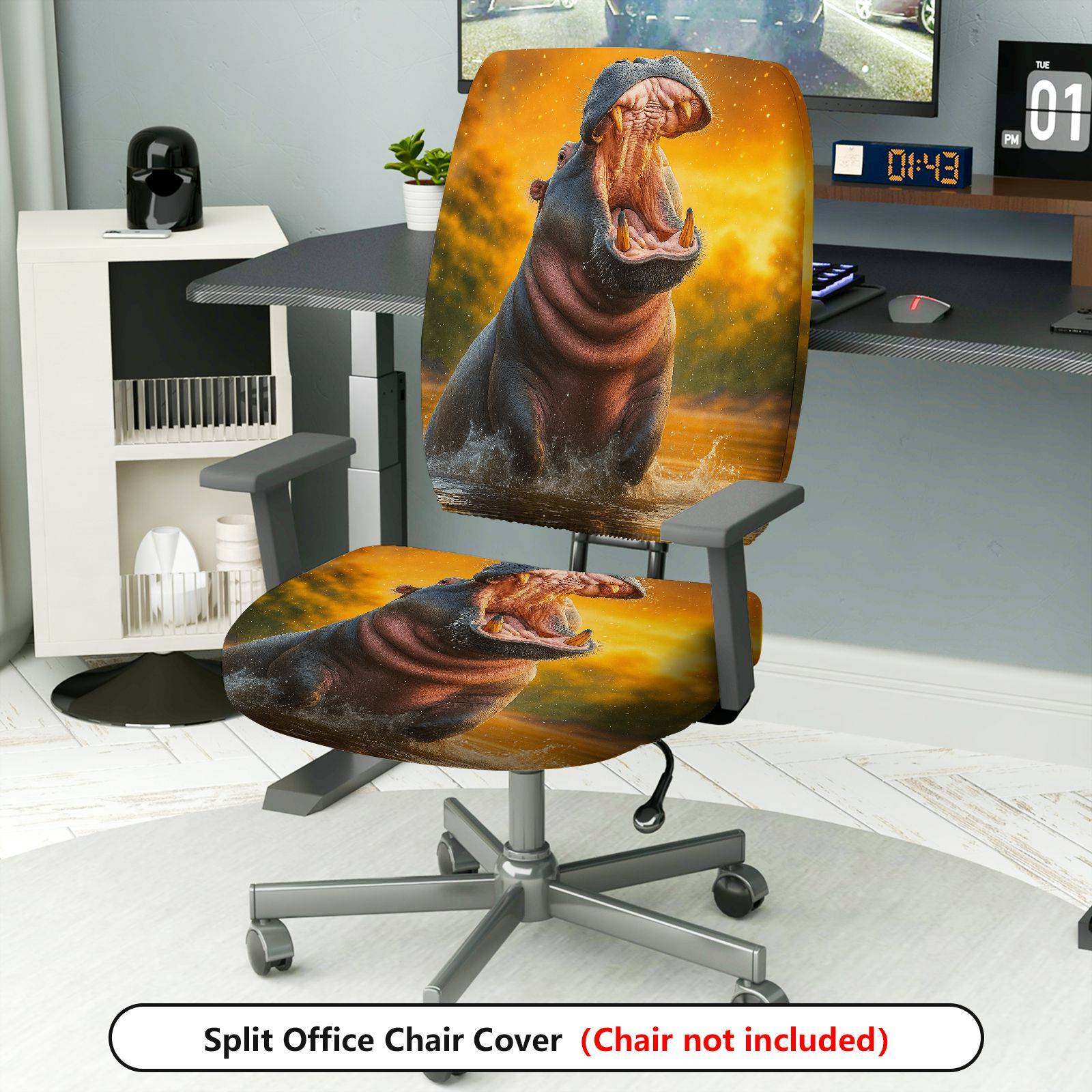 2-Piece Animal Nature Art Hippo Wildlife Vibrant  Computer Chair Cover Set, Seat and Backrest