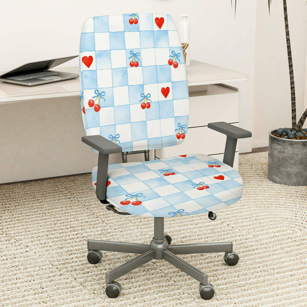 2-Piece Red Heart Cherry Bowknot Plaid  Computer Chair Cover Set, Seat and Backrest