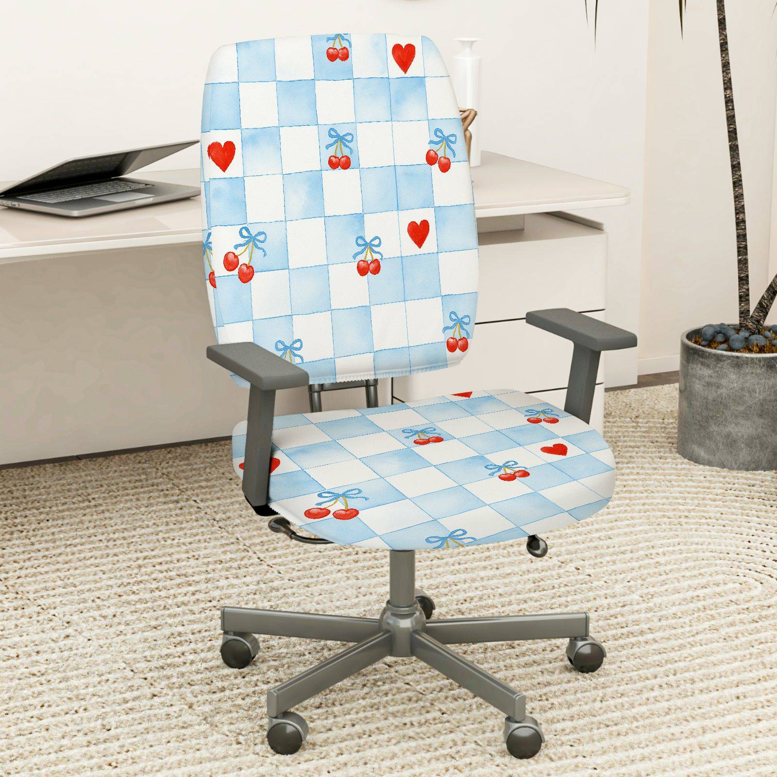 2-Piece Red Heart Cherry Bowknot Plaid  Computer Chair Cover Set, Seat and Backrest
