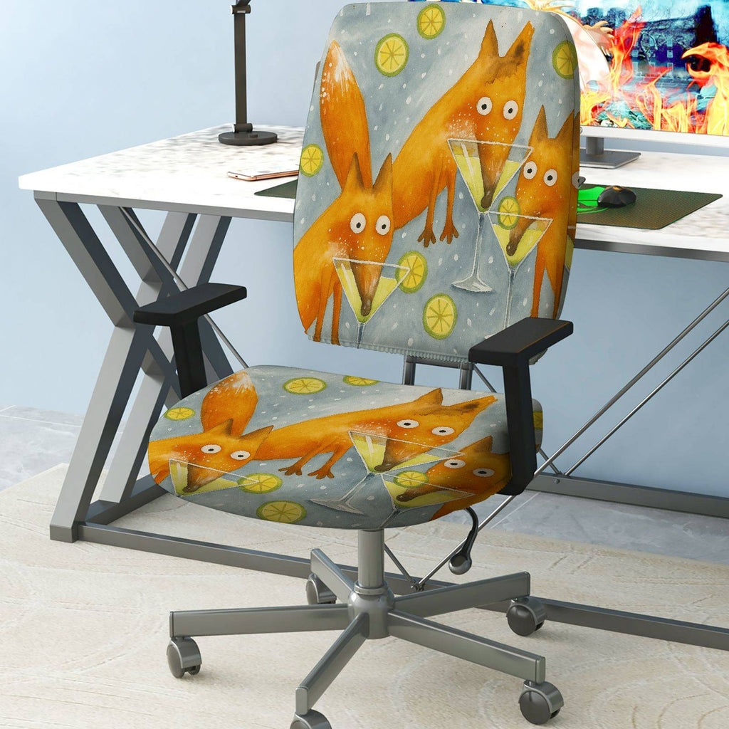 2-Piece Animal Fox Lemon Illustration  Computer Chair Cover Set, Seat and Backrest