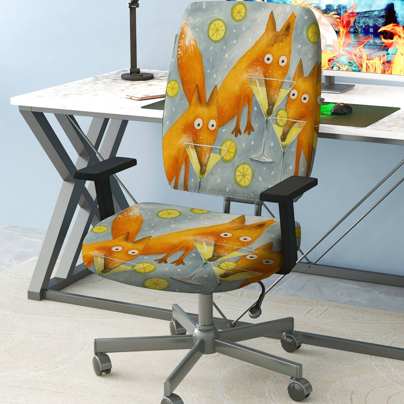 2-Piece Animal Fox Lemon Illustration  Computer Chair Cover Set, Seat and Backrest