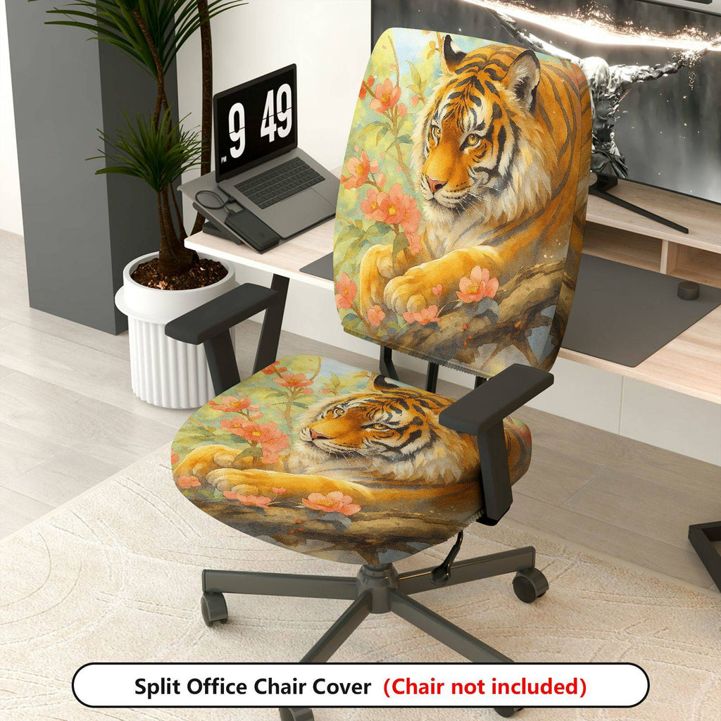 2-Piece Animal Tiger Floral Nature Art  Computer Chair Cover Set, Seat and Backrest
