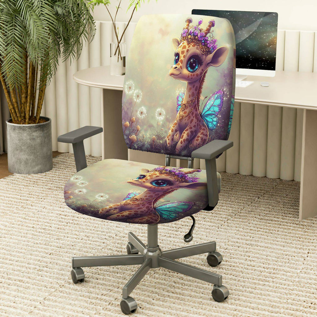 2-Piece Adorable Giraffe Fairy Crown Dandelion Purple  Computer Chair Cover Set, Seat and Backrest