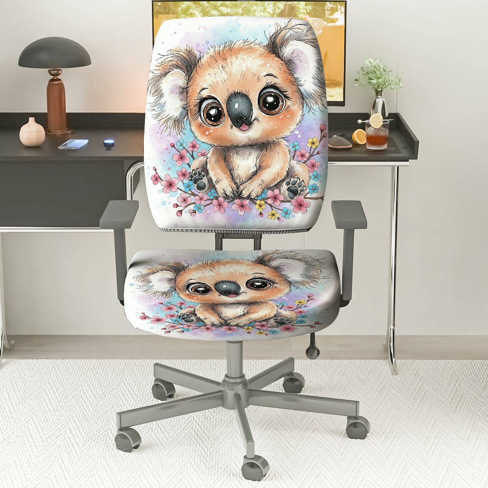 2-Piece Cute Koala Floral Animal  Computer Chair Cover Set, Seat and Backrest