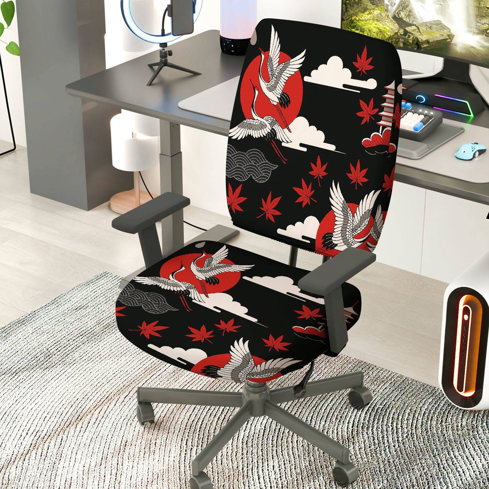 2-Piece Japanese Crane Red Nature Pattern  Computer Chair Cover Set, Seat and Backrest