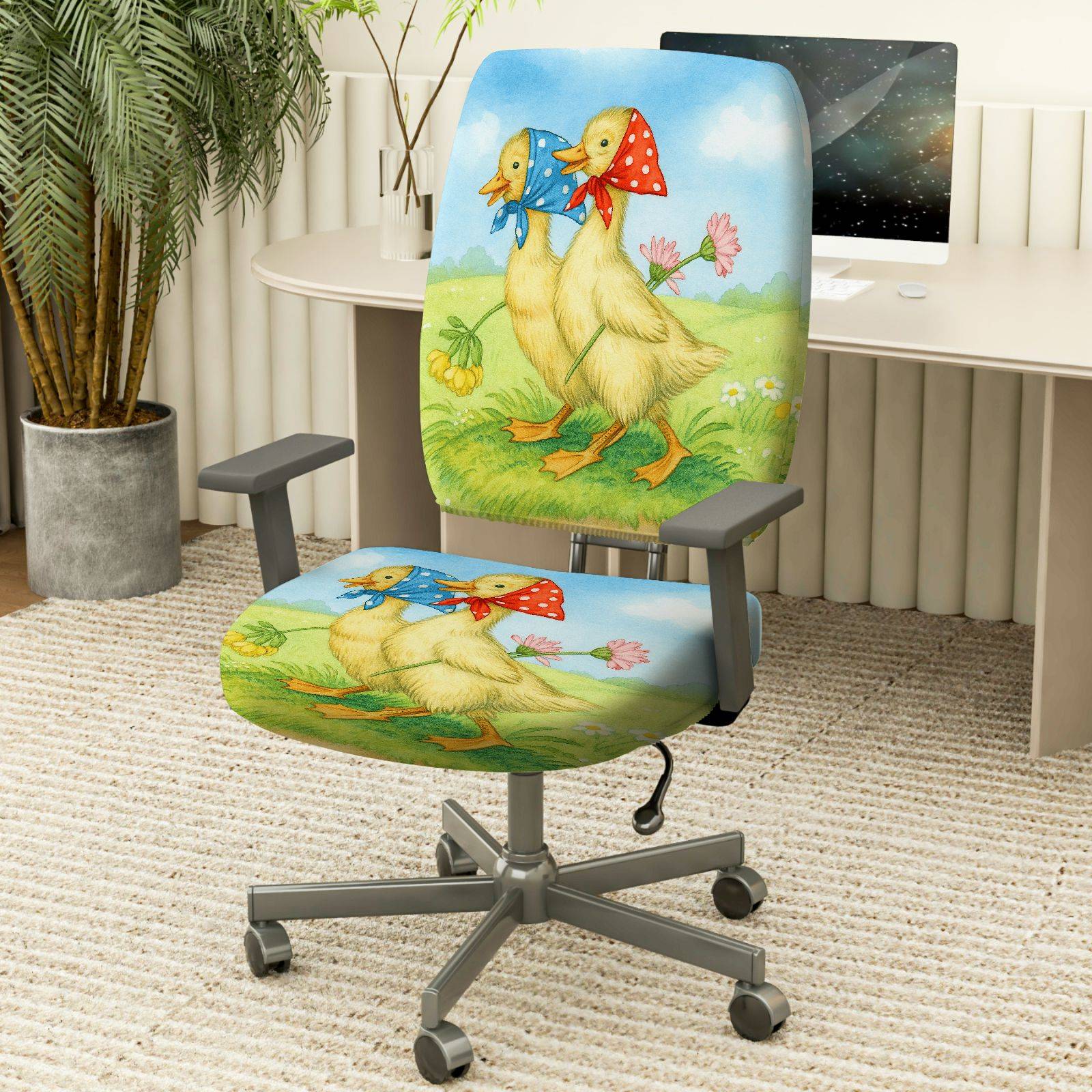 2-Piece Animal Spring Floral Cute Decorative  Computer Chair Cover Set, Seat and Backrest