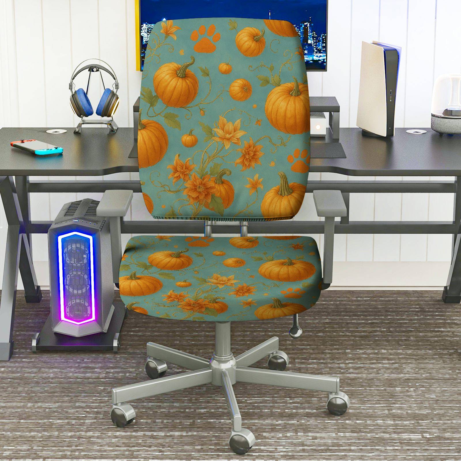 2-Piece Autumn Pumpkin Leaves Festive Decorative  Computer Chair Cover Set, Seat and Backrest