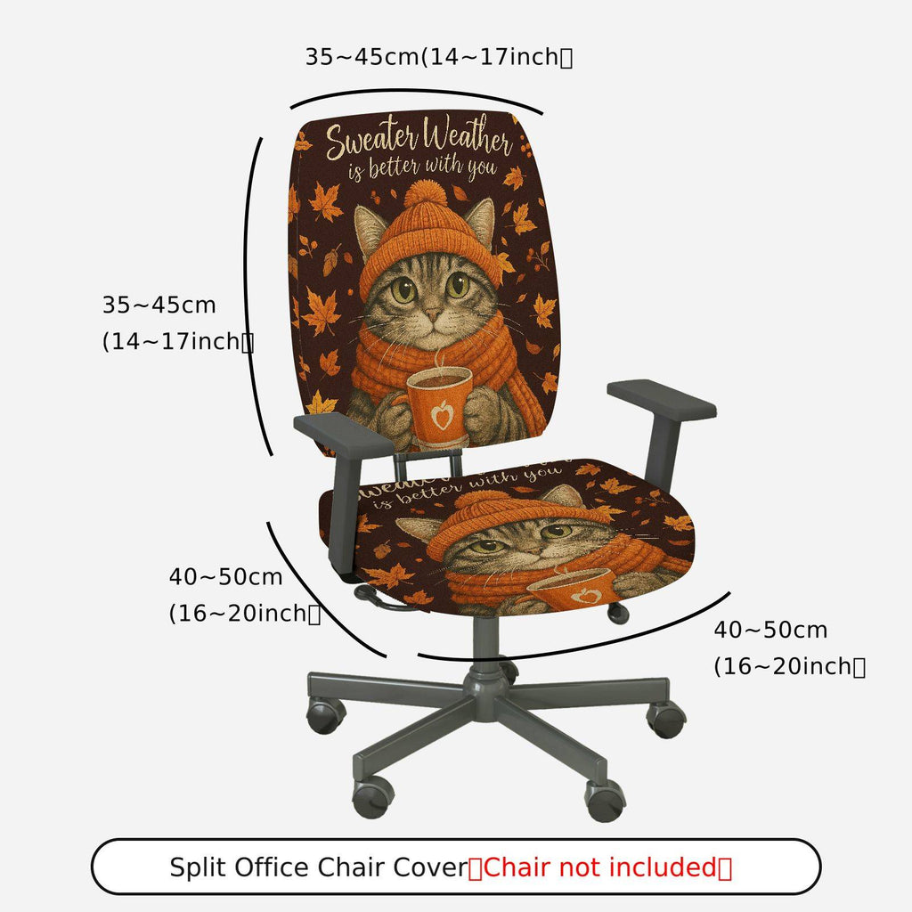 2-Piece Autumn Cat Sweater Leaves Print Home  Computer Chair Cover Set, Seat and Backrest