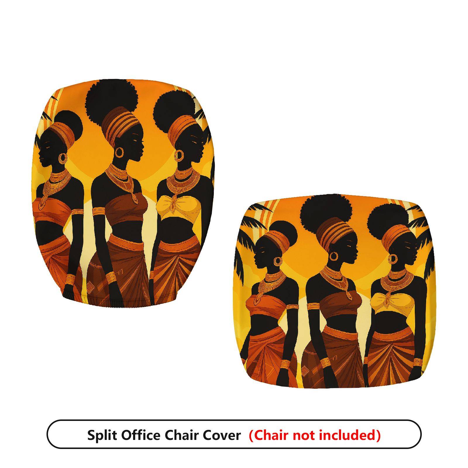2-Piece African Tribal Art Black Women Orange Pattern  Computer Chair Cover Set, Seat and Backrest
