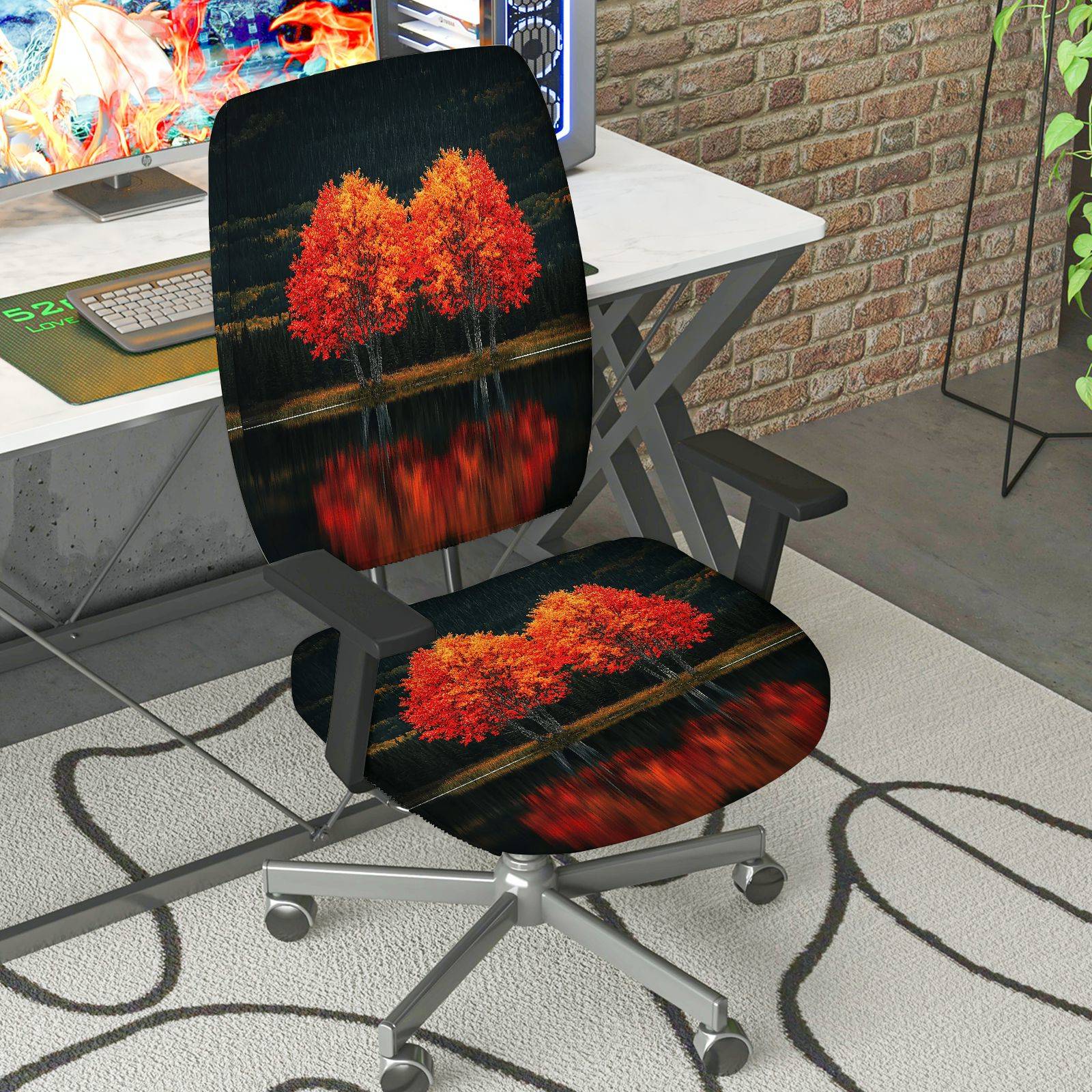2-Piece Autumn Tree Lake Reflection Scenic  Computer Chair Cover Set, Seat and Backrest