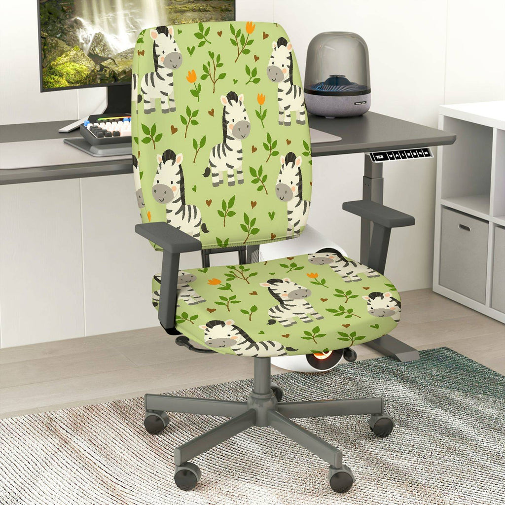 2-Piece Zebra Pattern Green Floral Fun Nature Animal  Computer Chair Cover Set, Seat and Backrest
