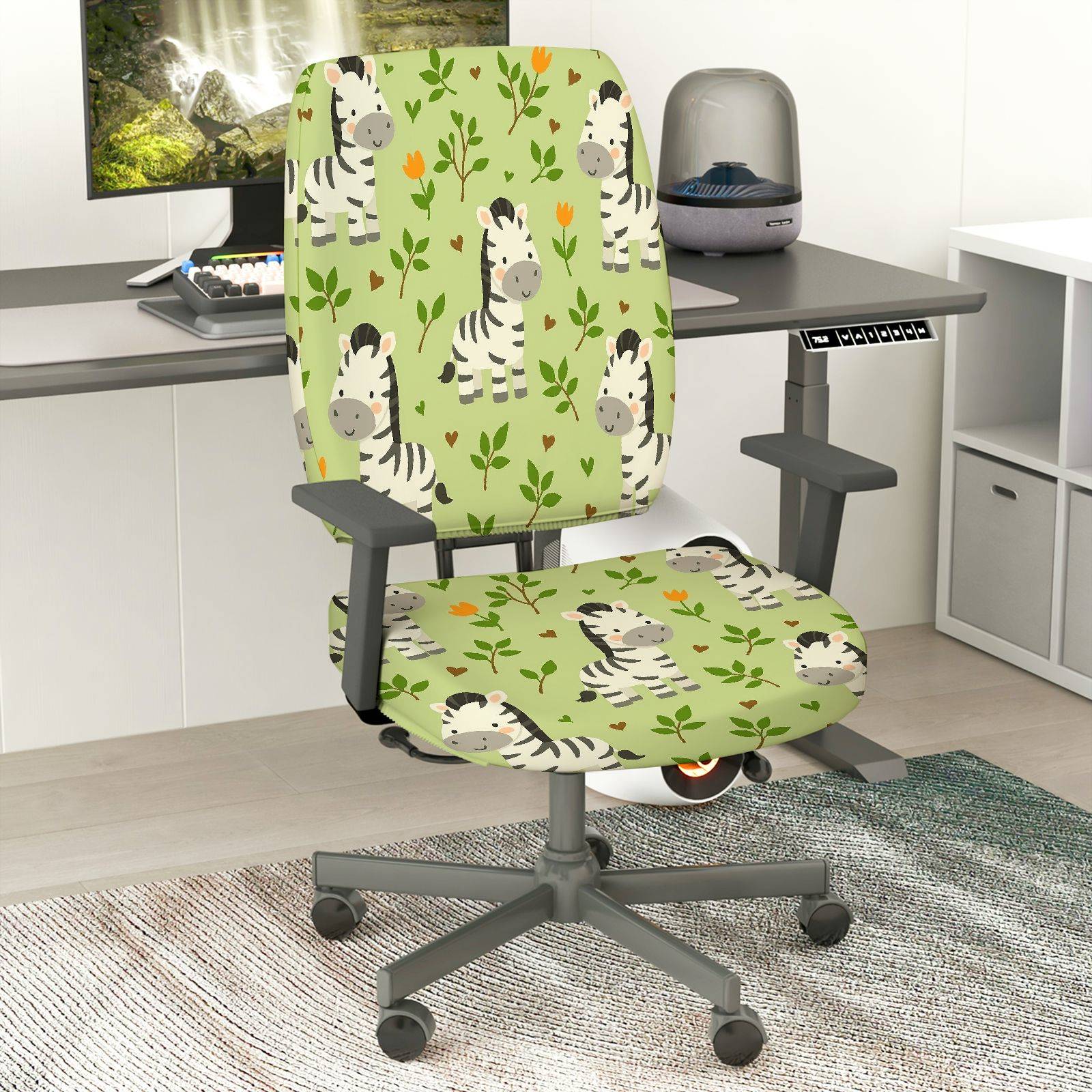 2-Piece Zebra Pattern Green Floral Fun Nature Animal  Computer Chair Cover Set, Seat and Backrest
