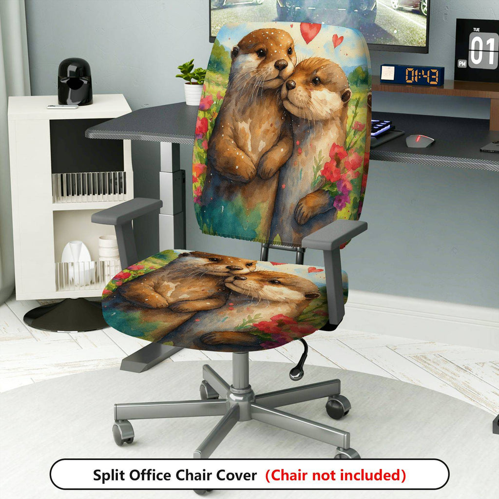 2-Piece Adorable Otter Heart Nature Floral  Computer Chair Cover Set, Seat and Backrest