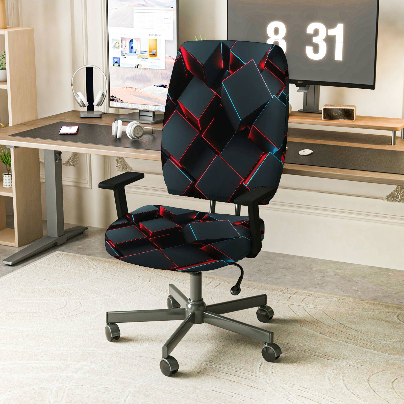 2-Piece Geometric Modern Stylish Artistic Colorful  Computer Chair Cover Set, Seat and Backrest