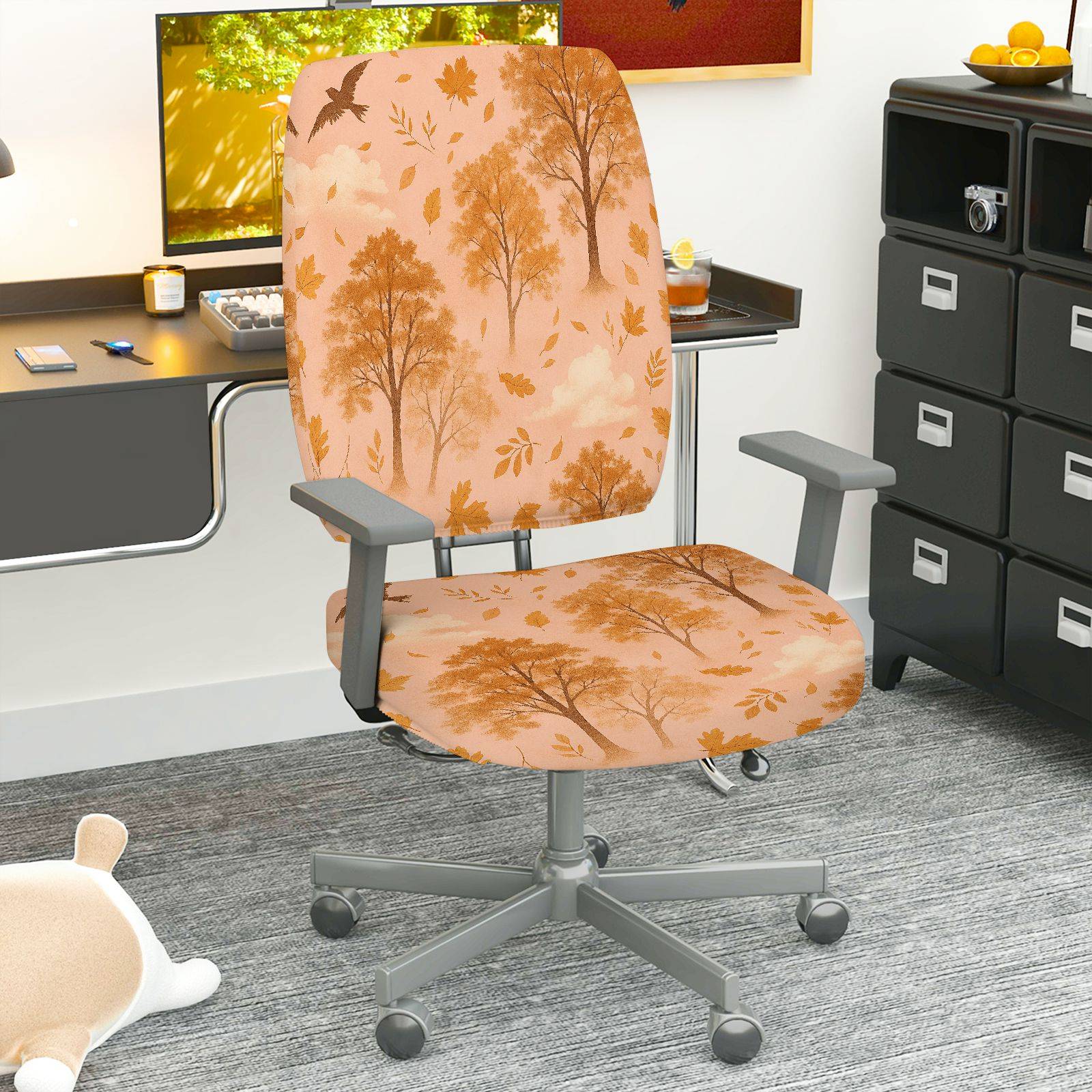 2-Piece Autumn Nature Forest Tree Leaves  Computer Chair Cover Set, Seat and Backrest