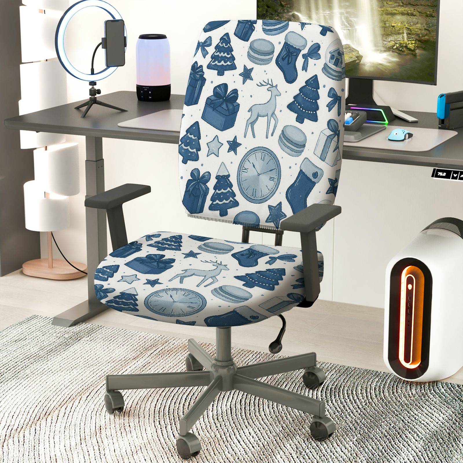 2-Piece Christmas Reindeer Clock Gift Tree Stocking  Computer Chair Cover Set, Seat and Backrest