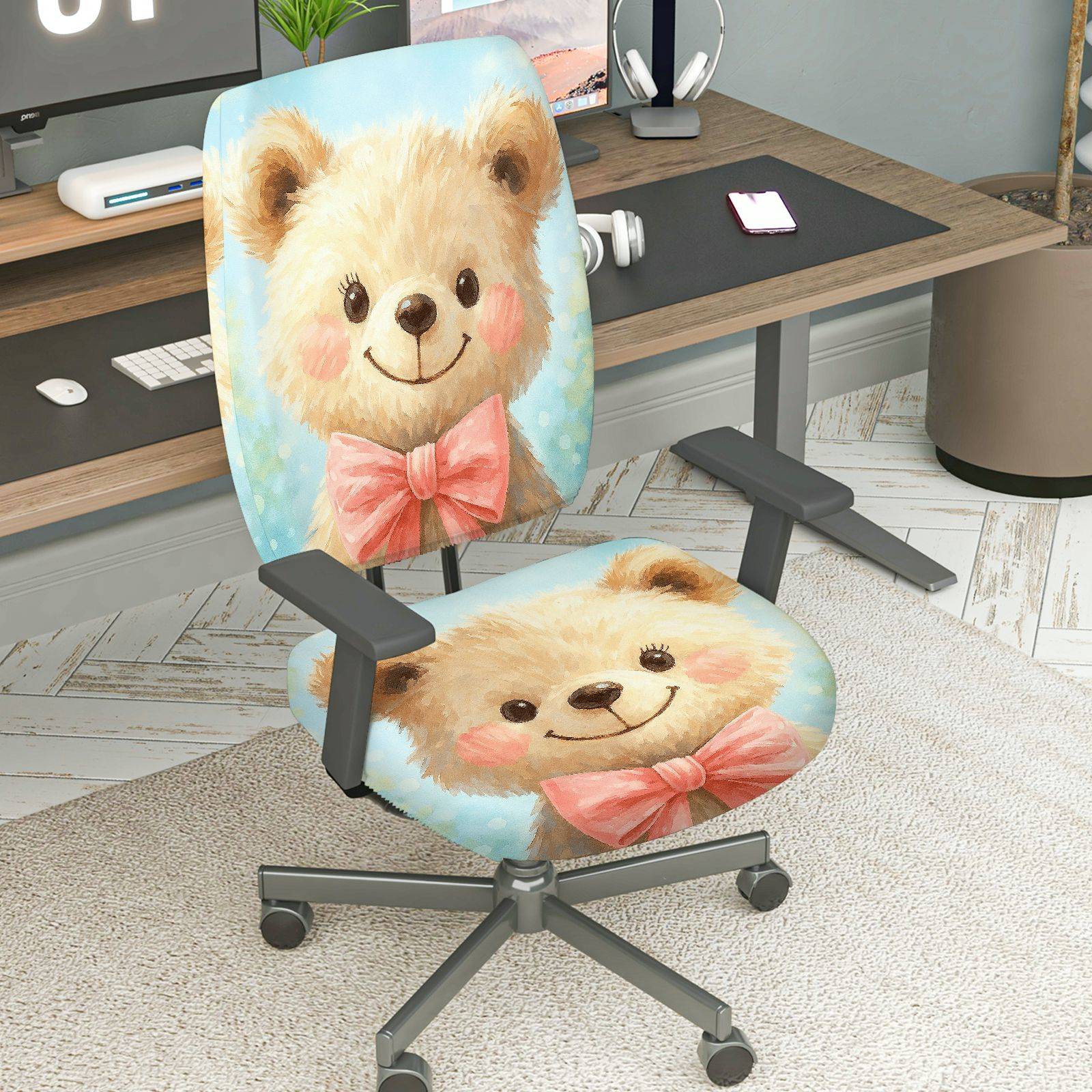 2-Piece Animal Cute Bow Smiling Bear Decorative  Computer Chair Cover Set, Seat and Backrest