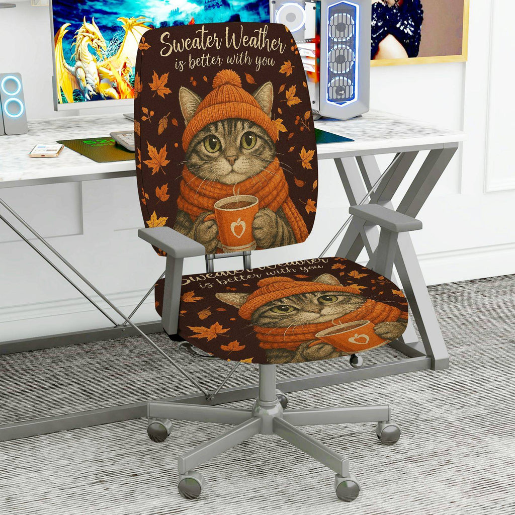 2-Piece Autumn Cat Sweater Leaves Print Home  Computer Chair Cover Set, Seat and Backrest