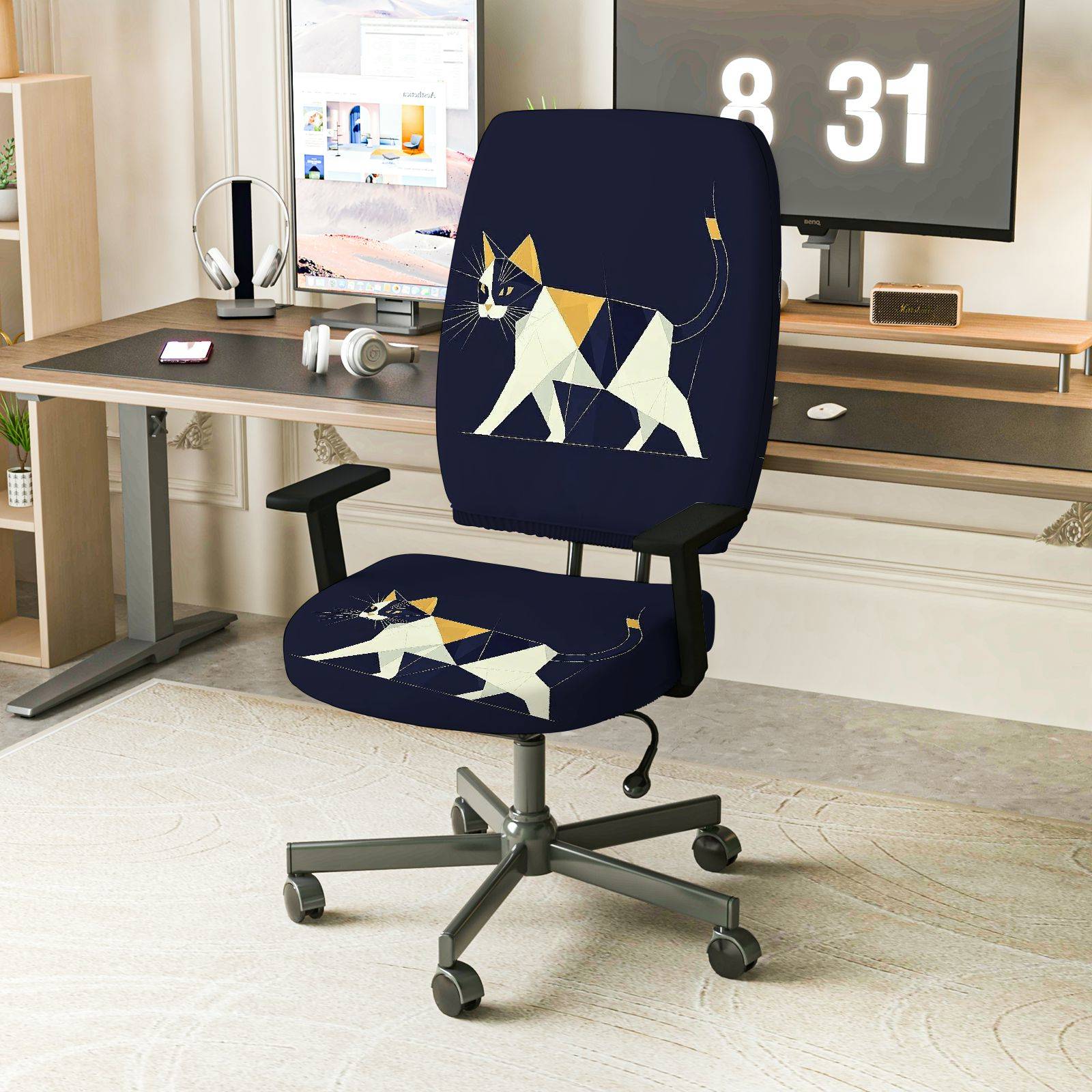 2-Piece Geometric Cat Design Stylish Modern Artistic Animal Themed  Computer Chair Cover Set, Seat and Backrest