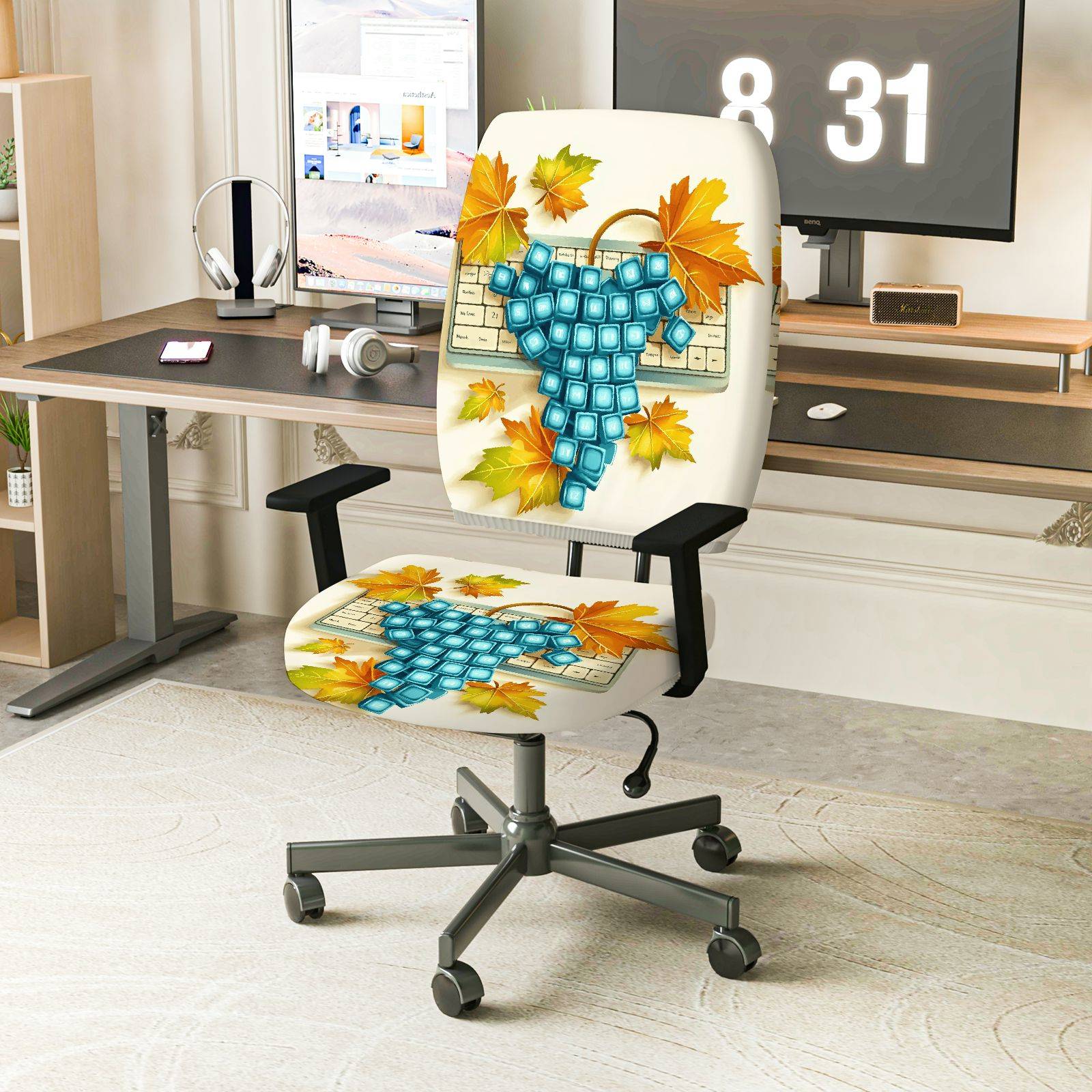 2-Piece Autumn Leaves Keyboard Pattern  Computer Chair Cover Set, Seat and Backrest