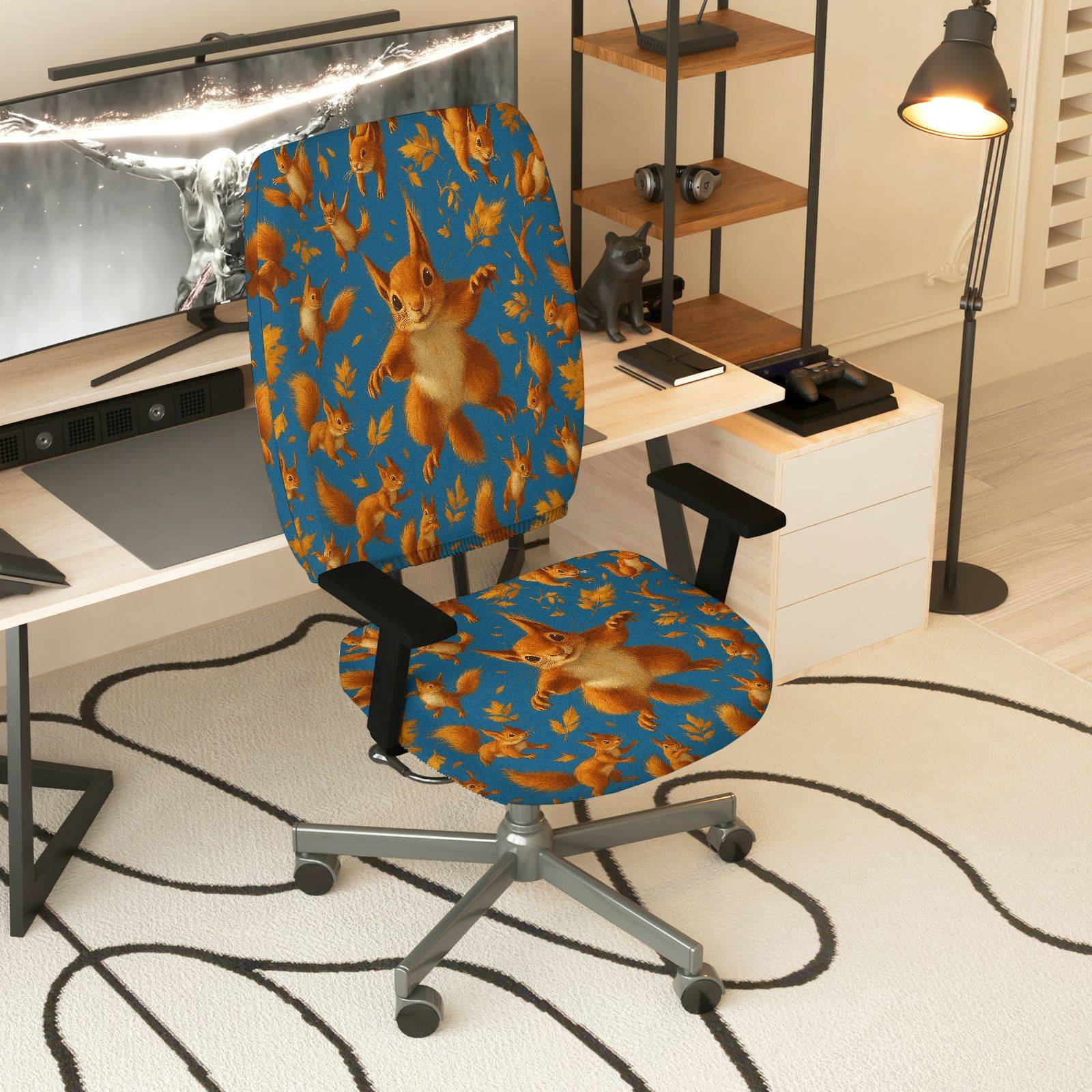 2-Piece Animal Squirrel Leaf Pattern  Computer Chair Cover Set, Seat and Backrest