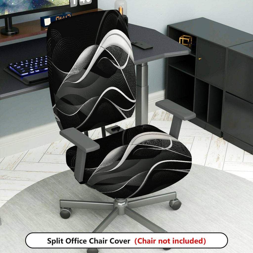 2-Piece Modern Abstract Geometric Black White Wave  Computer Chair Cover Set, Seat and Backrest