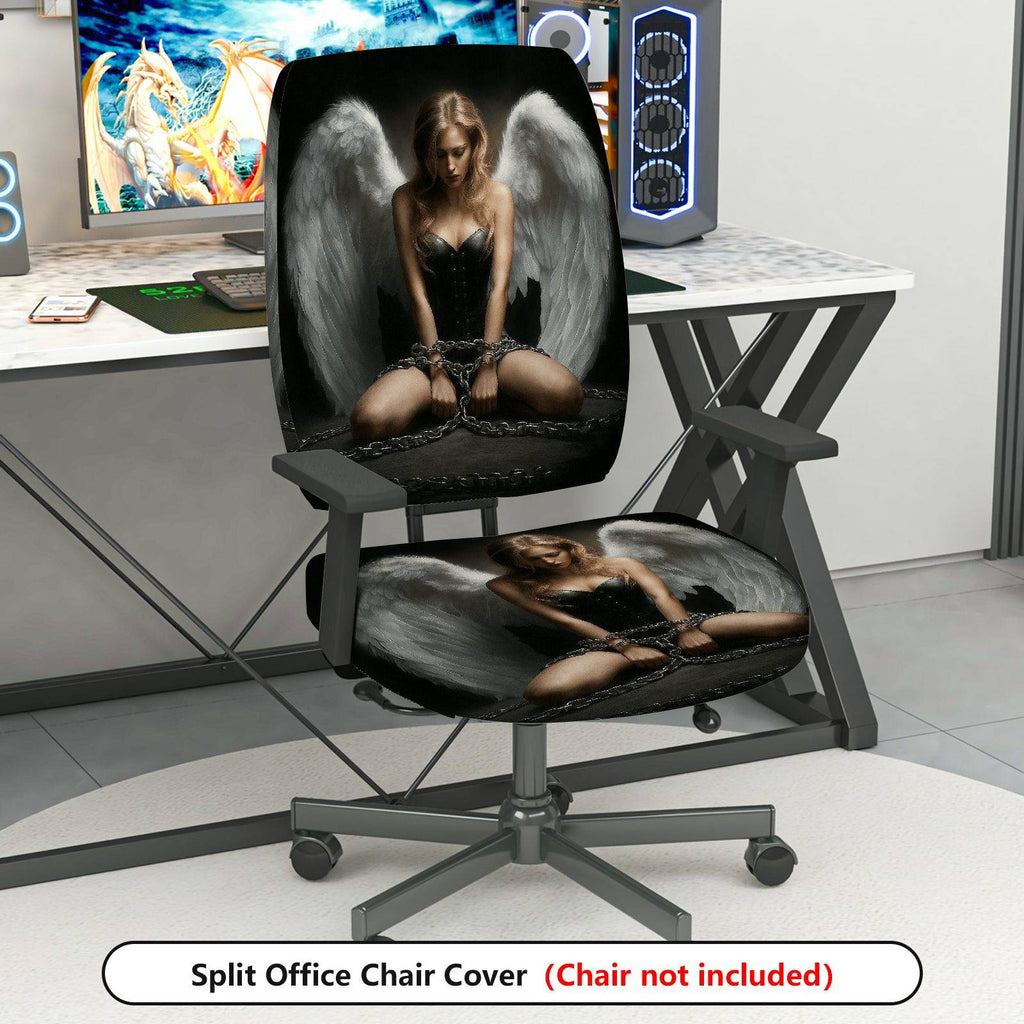 2-Piece Angel Wings Chains Black White Gothic  Computer Chair Cover Set, Seat and Backrest