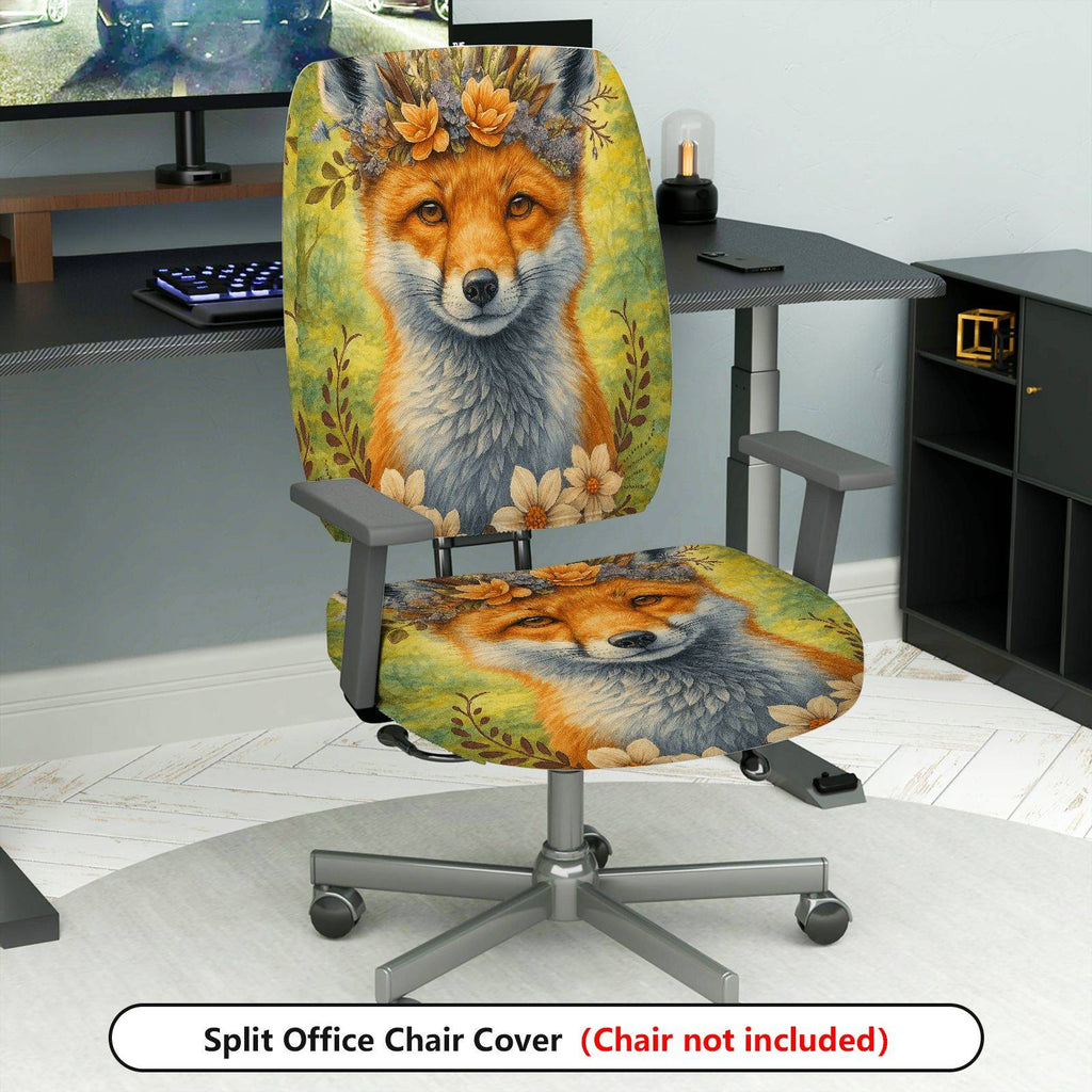 2-Piece Animal Floral Fox Nature Art  Computer Chair Cover Set, Seat and Backrest