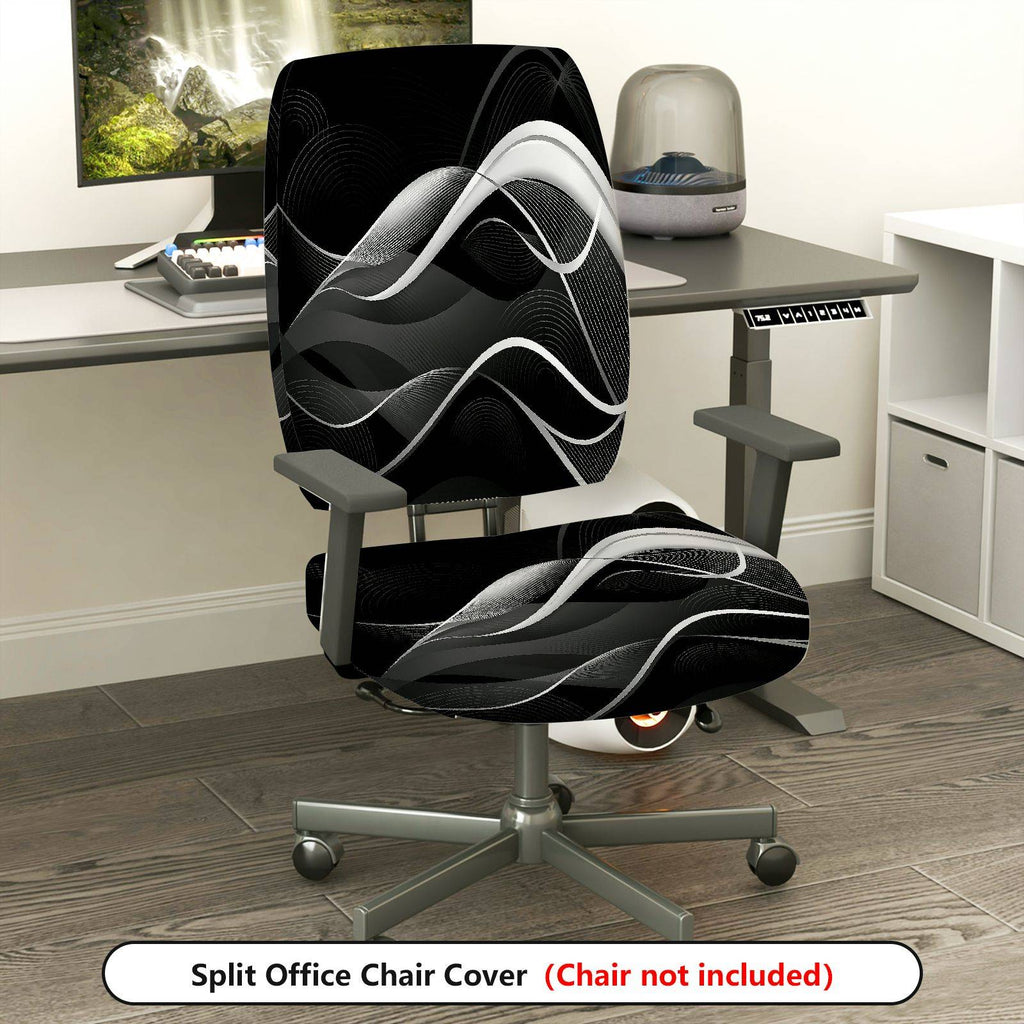 2-Piece Modern Abstract Geometric Black White Wave  Computer Chair Cover Set, Seat and Backrest