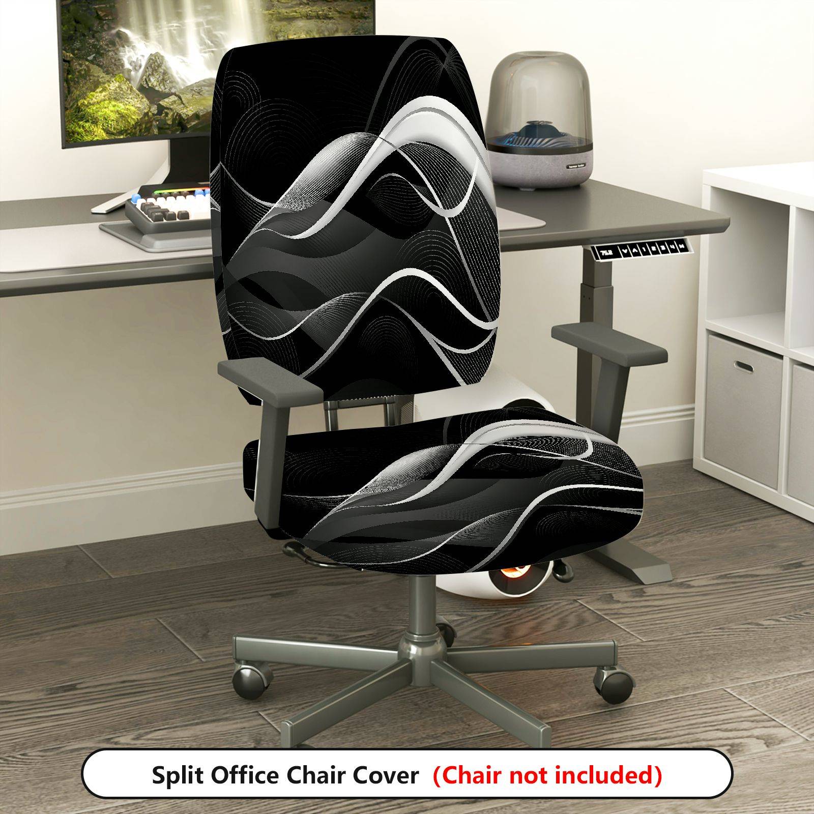 2-Piece Modern Abstract Geometric Black White Wave  Computer Chair Cover Set, Seat and Backrest