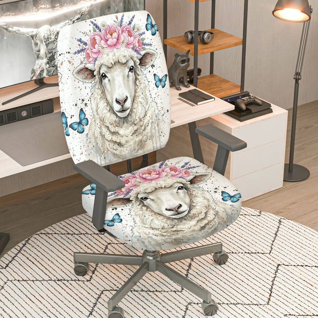 2-Piece Floral Animal Pastel Sheep Butterfly  Computer Chair Cover Set, Seat and Backrest