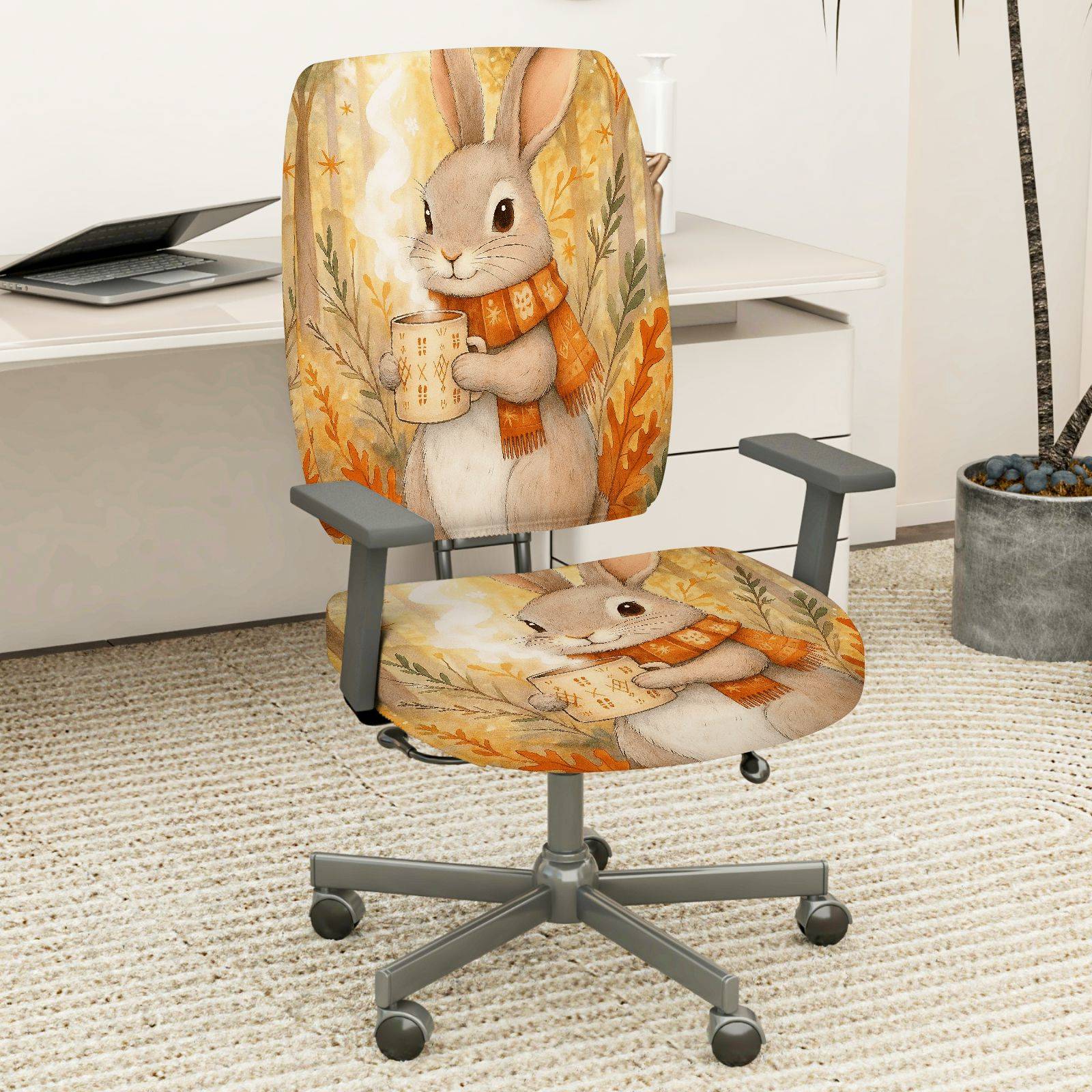 2-Piece Autumn Animal Cute Bunny Warm Coffee  Computer Chair Cover Set, Seat and Backrest