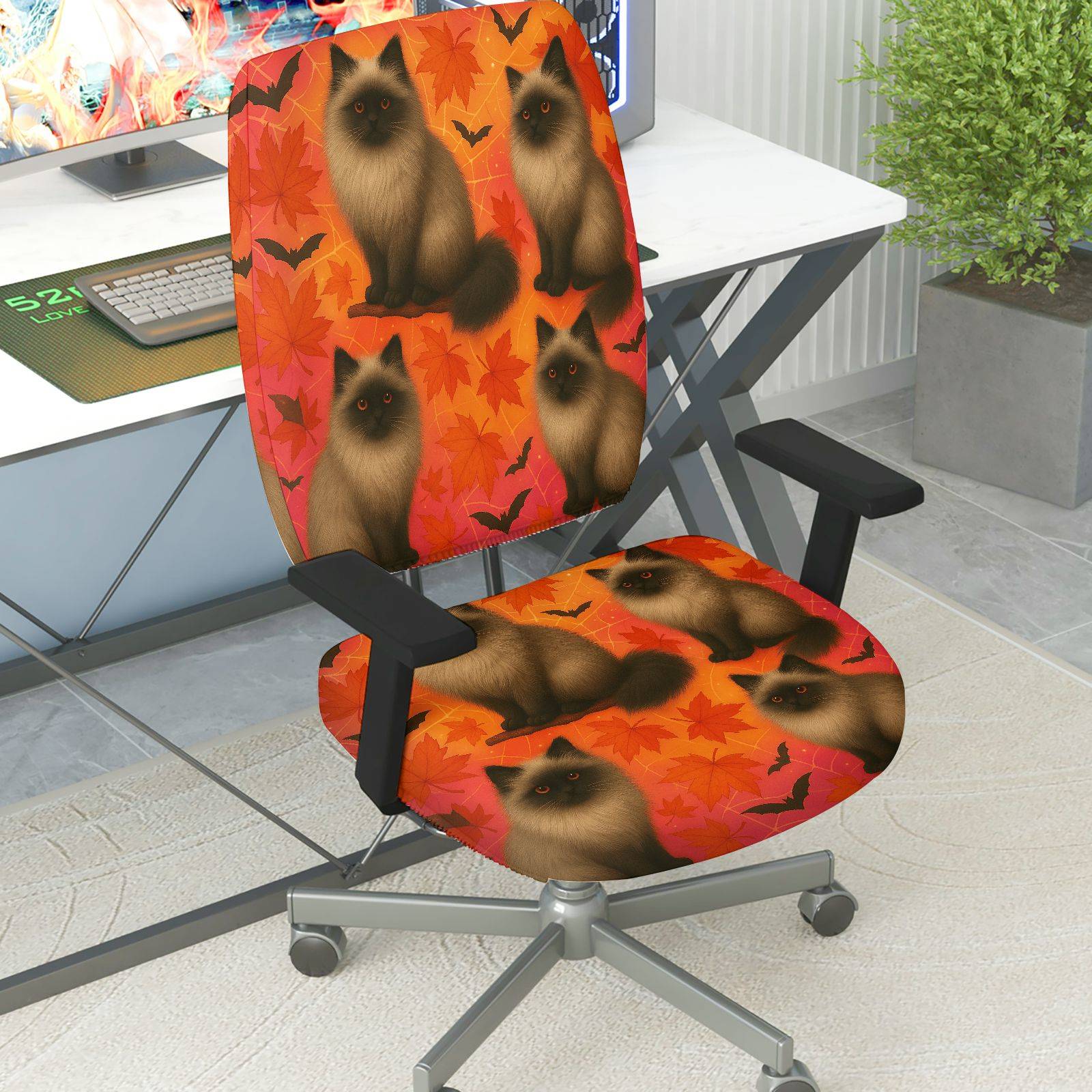 2-Piece Autumn Cat Halloween Bat Leaf  Computer Chair Cover Set, Seat and Backrest
