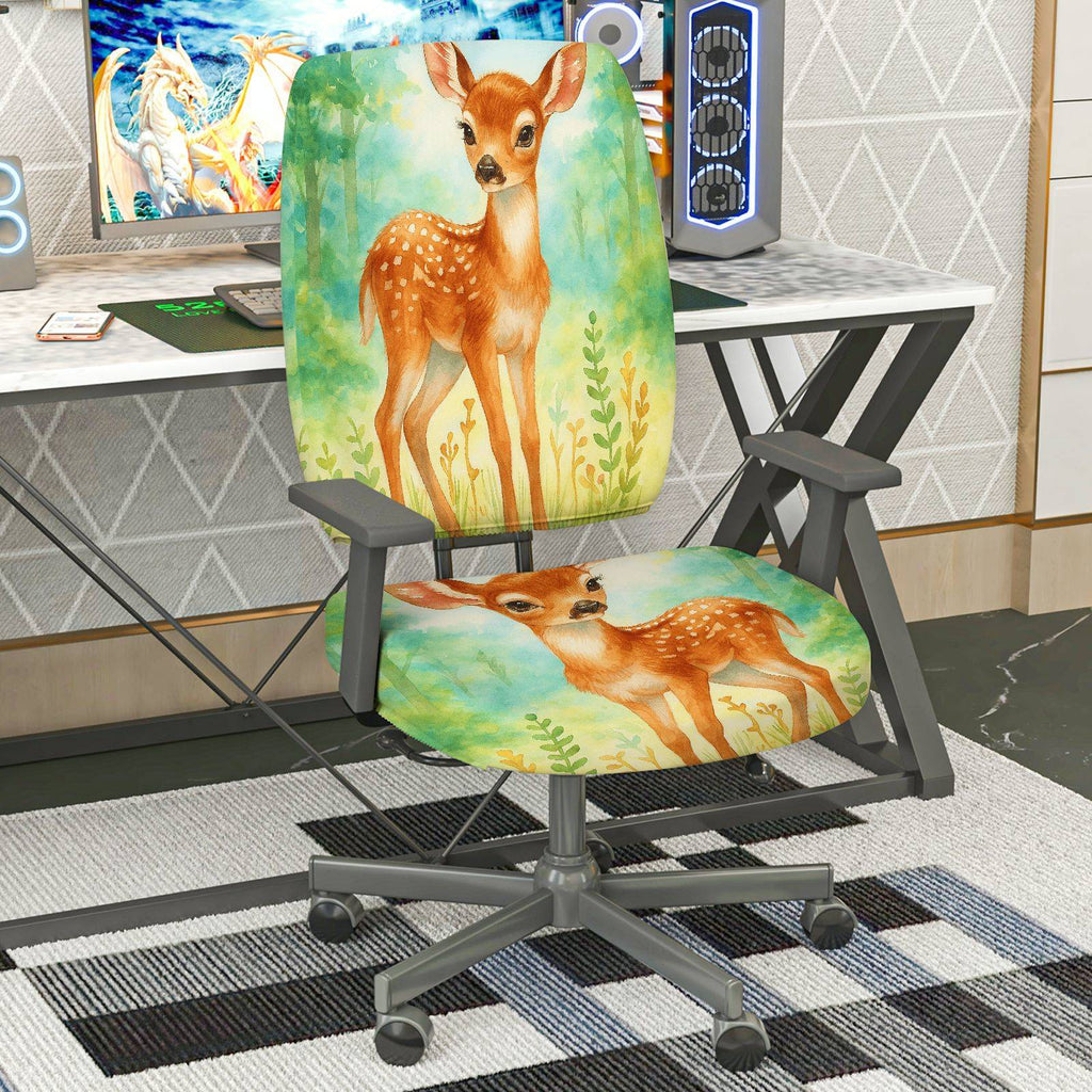 2-Piece Animal Forest Deer Nature Painting  Computer Chair Cover Set, Seat and Backrest