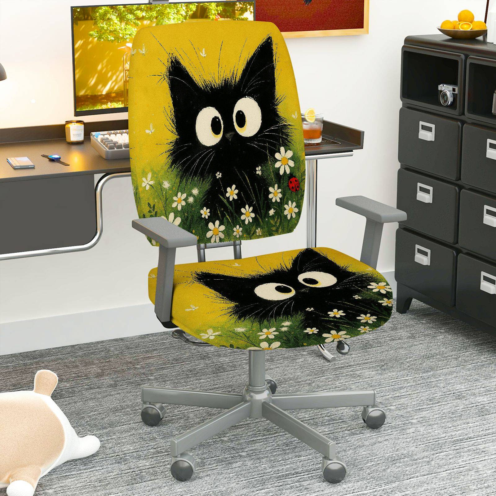 2-Piece Animal Floral Pattern Black Cat  Computer Chair Cover Set, Seat and Backrest