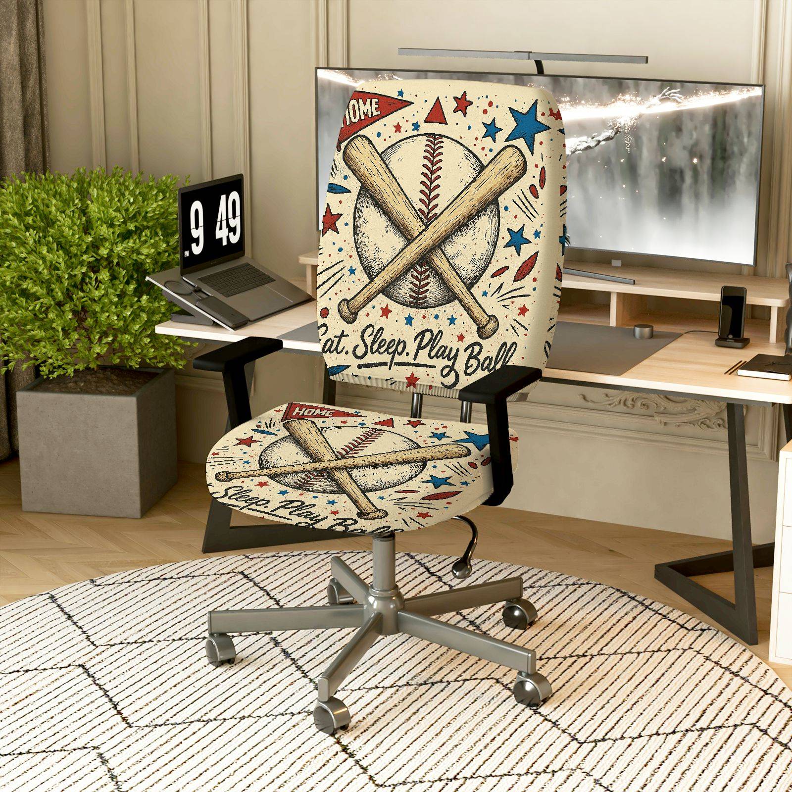 2-Piece Baseball Sports Home Vintage Decorative  Computer Chair Cover Set, Seat and Backrest