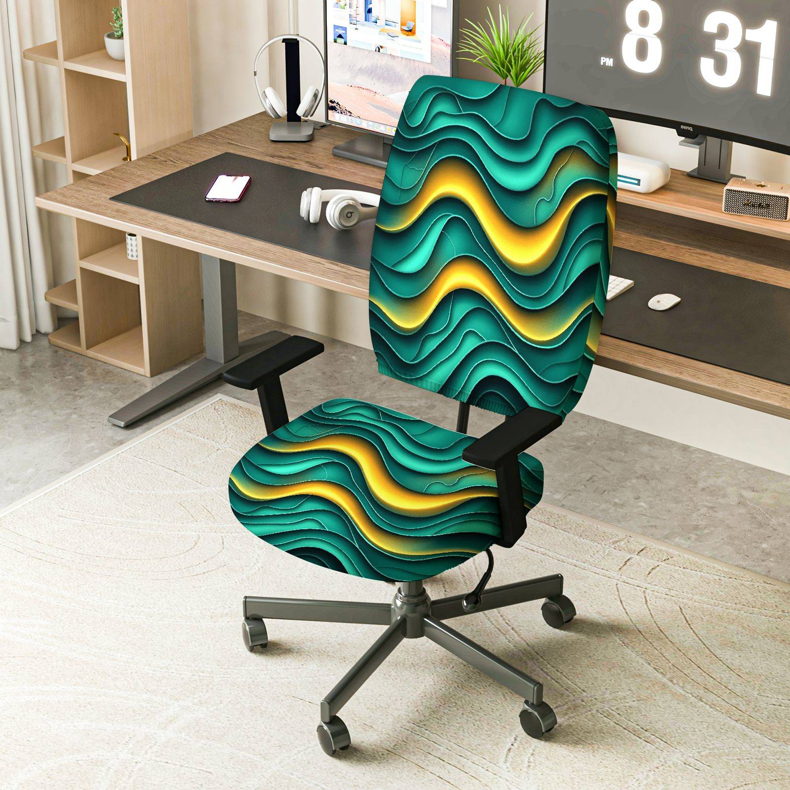 2-Piece Wave Abstract Art Geometric Colorful  Computer Chair Cover Set, Seat and Backrest