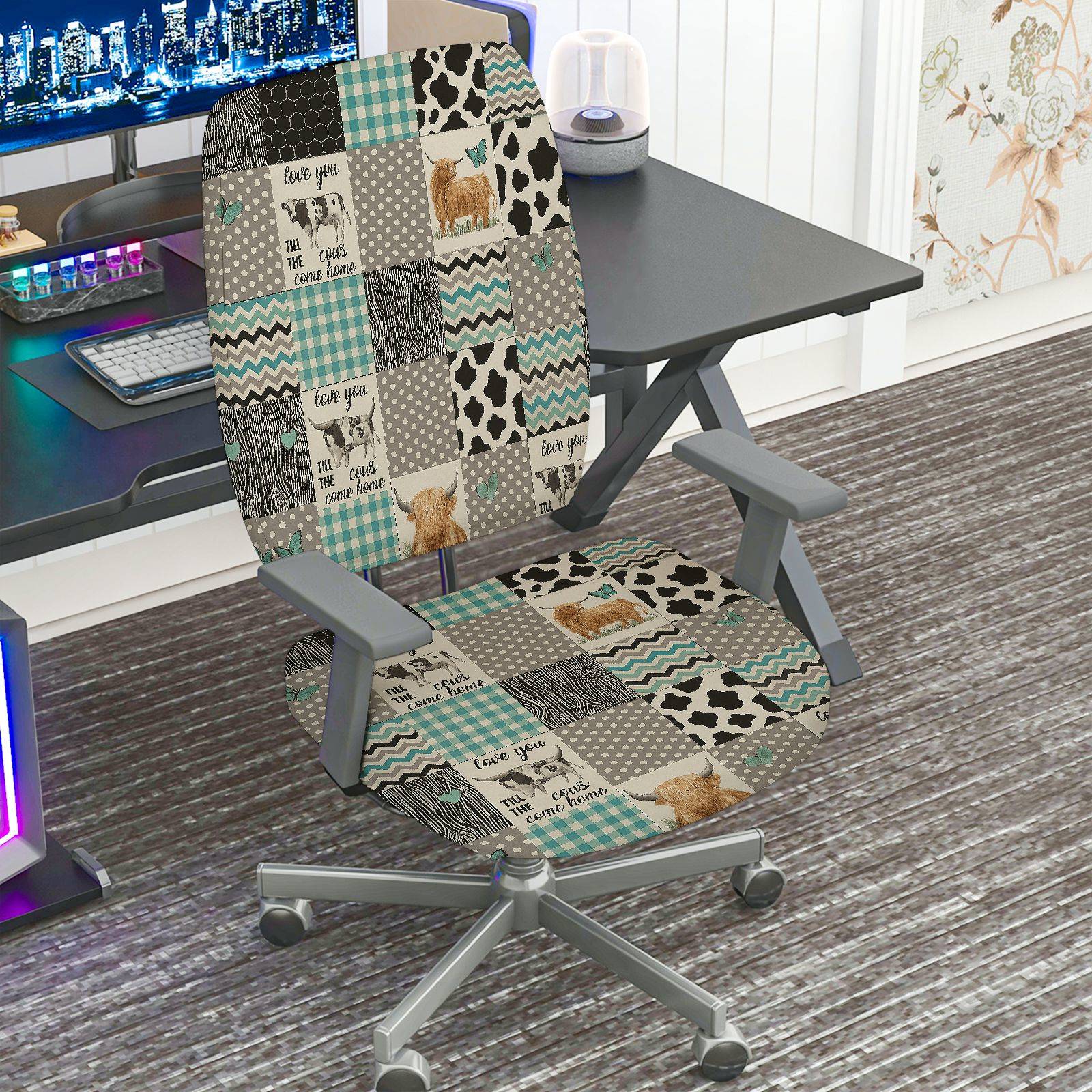 2-Piece Animal Farm Checkered Patchwork  Computer Chair Cover Set, Seat and Backrest